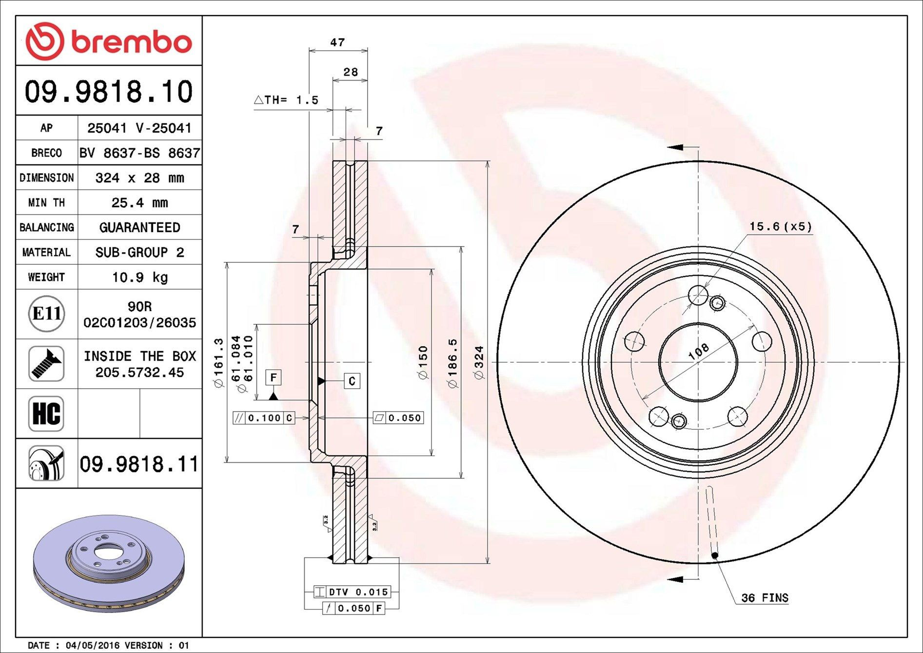 Тормоз дисковый передний Brembo 09981811 цена, от 85.48 USD