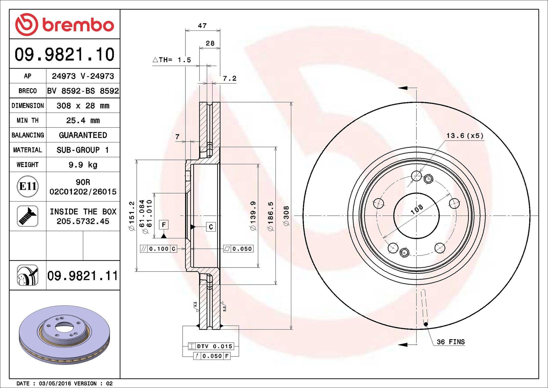 Купить 09982111 Brembo Ротор тормозной