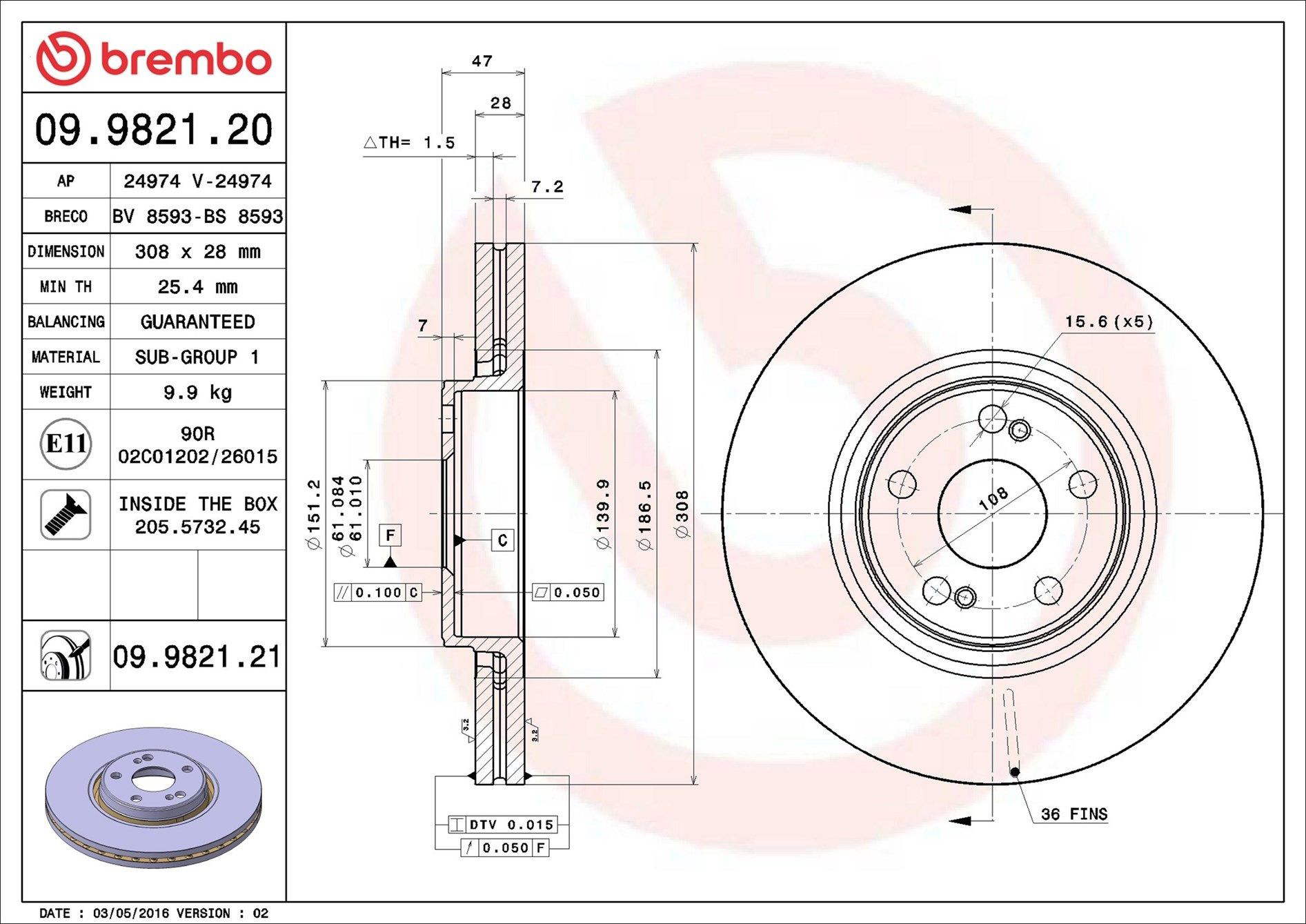 Тормоз дисковый передний Brembo 09982121 цена, от 70.90 USD