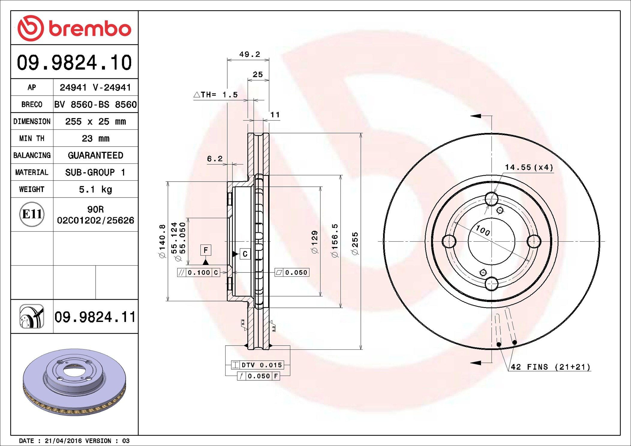 Тормоз дисковый передний Brembo 09982410 цена, от 42.52 USD