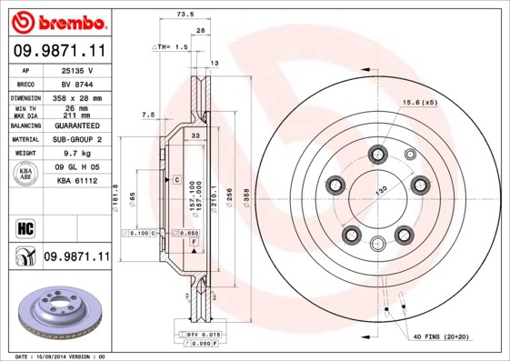 Задний дисковый тормоз Brembo 09987111