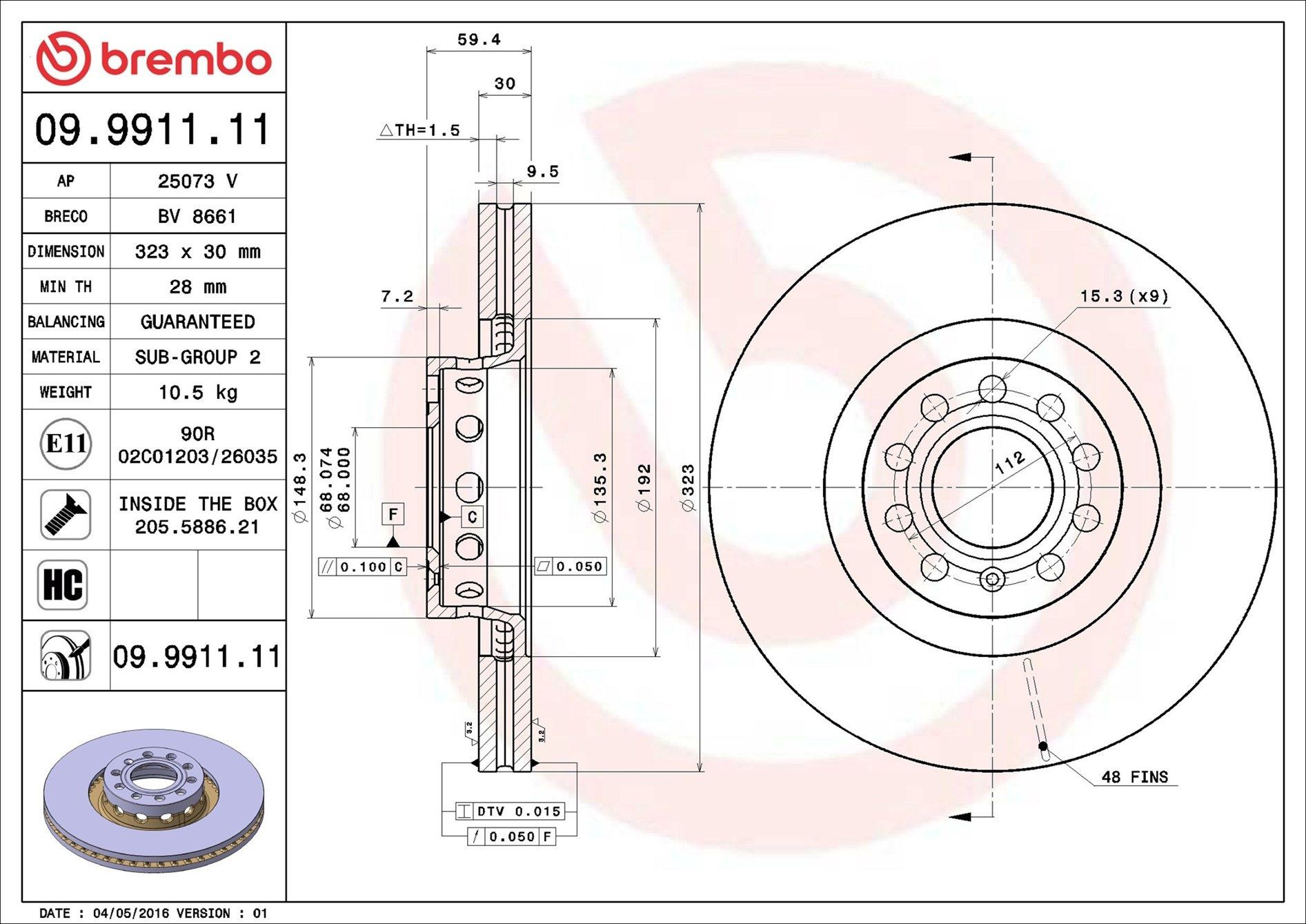 Купить 09991111 Brembo Ротор тормозной