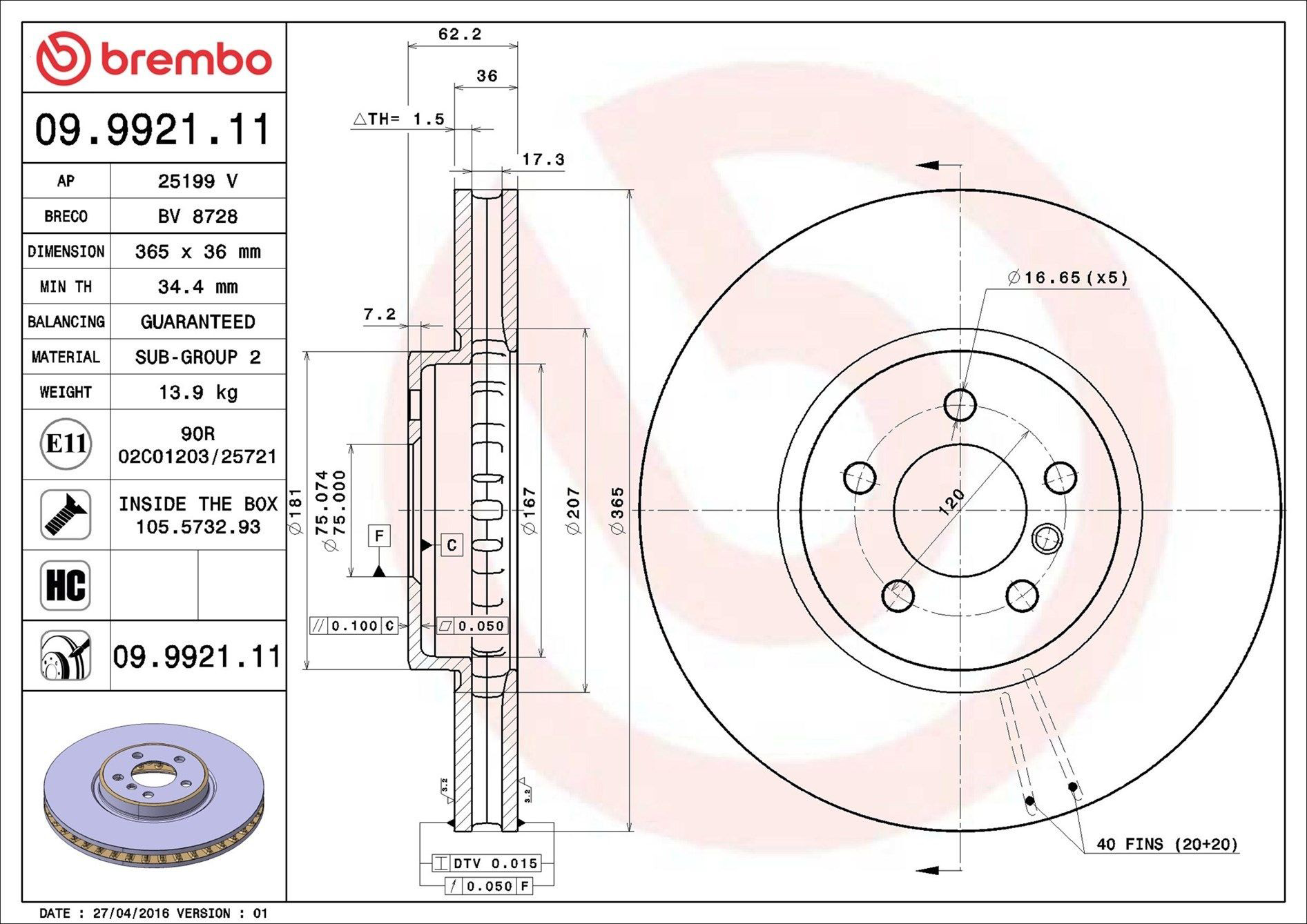 Тормоз дисковый передний Brembo 09992111 цена, от 129.99 USD