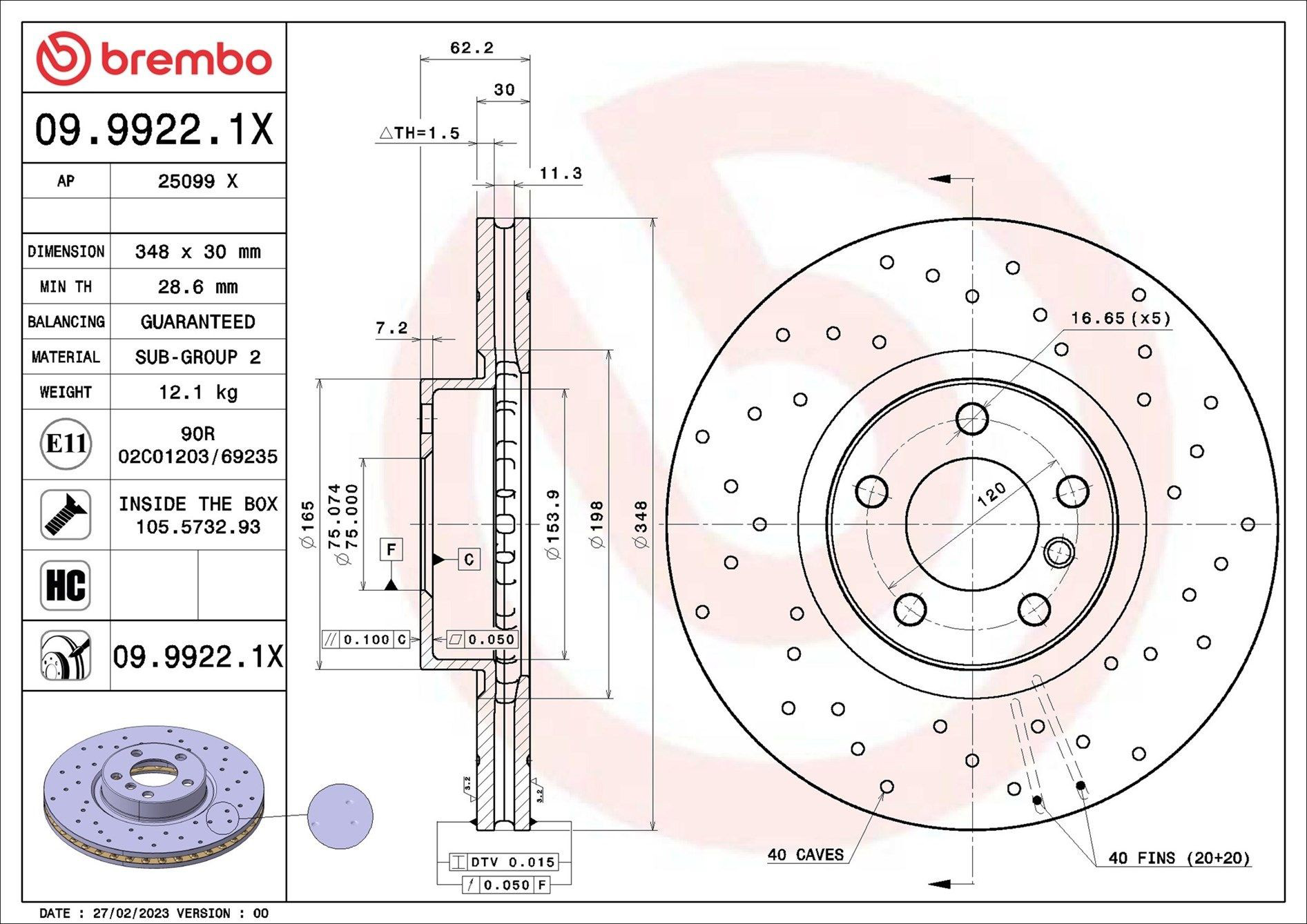 Тормоз дисковый передний Brembo 0999221X цена, от 152.48 USD