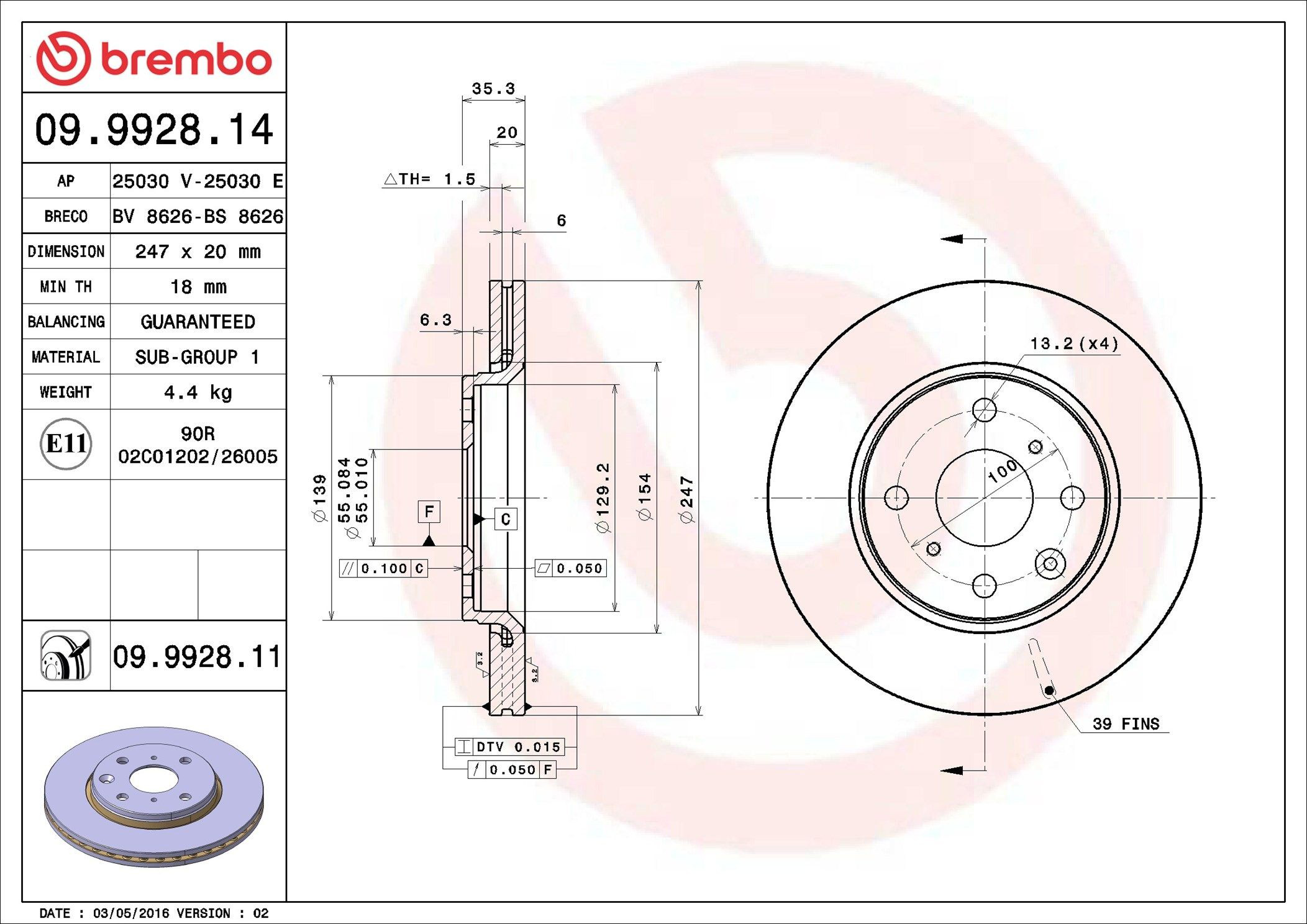 Тормоз дисковый передний Brembo 09992811 цена, от 37.70 USD