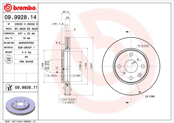 Тормоз дисковый передний Brembo 09992814 цена, от 37.19 USD
