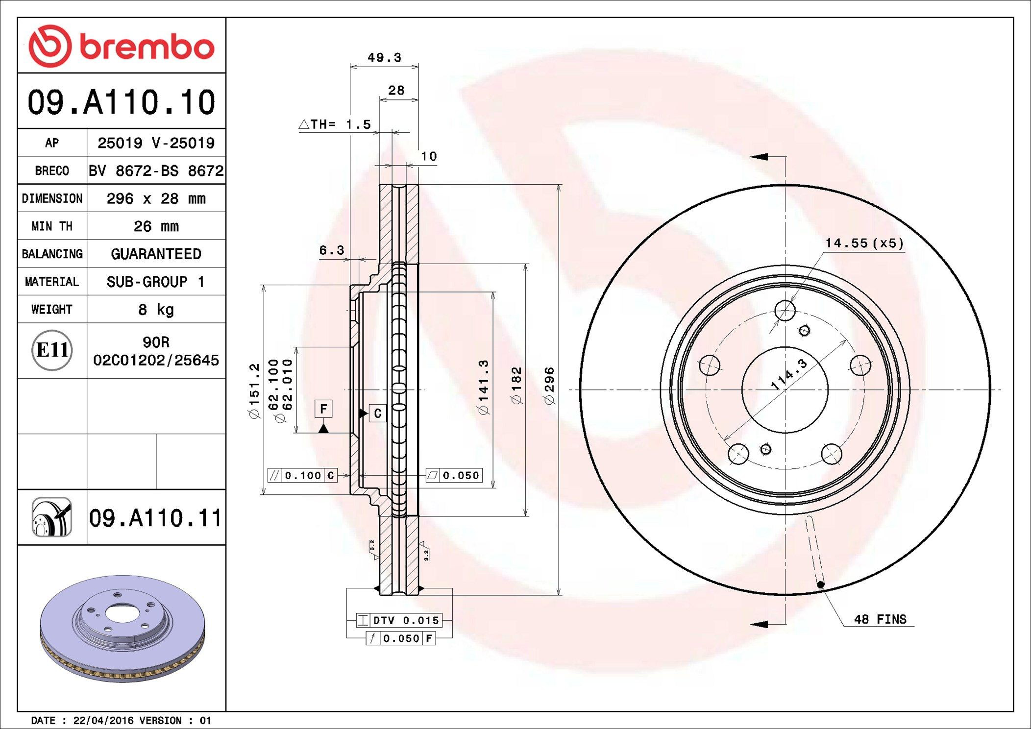 Тормоз дисковый передний Brembo 09A11011 цена, от 57.18 USD