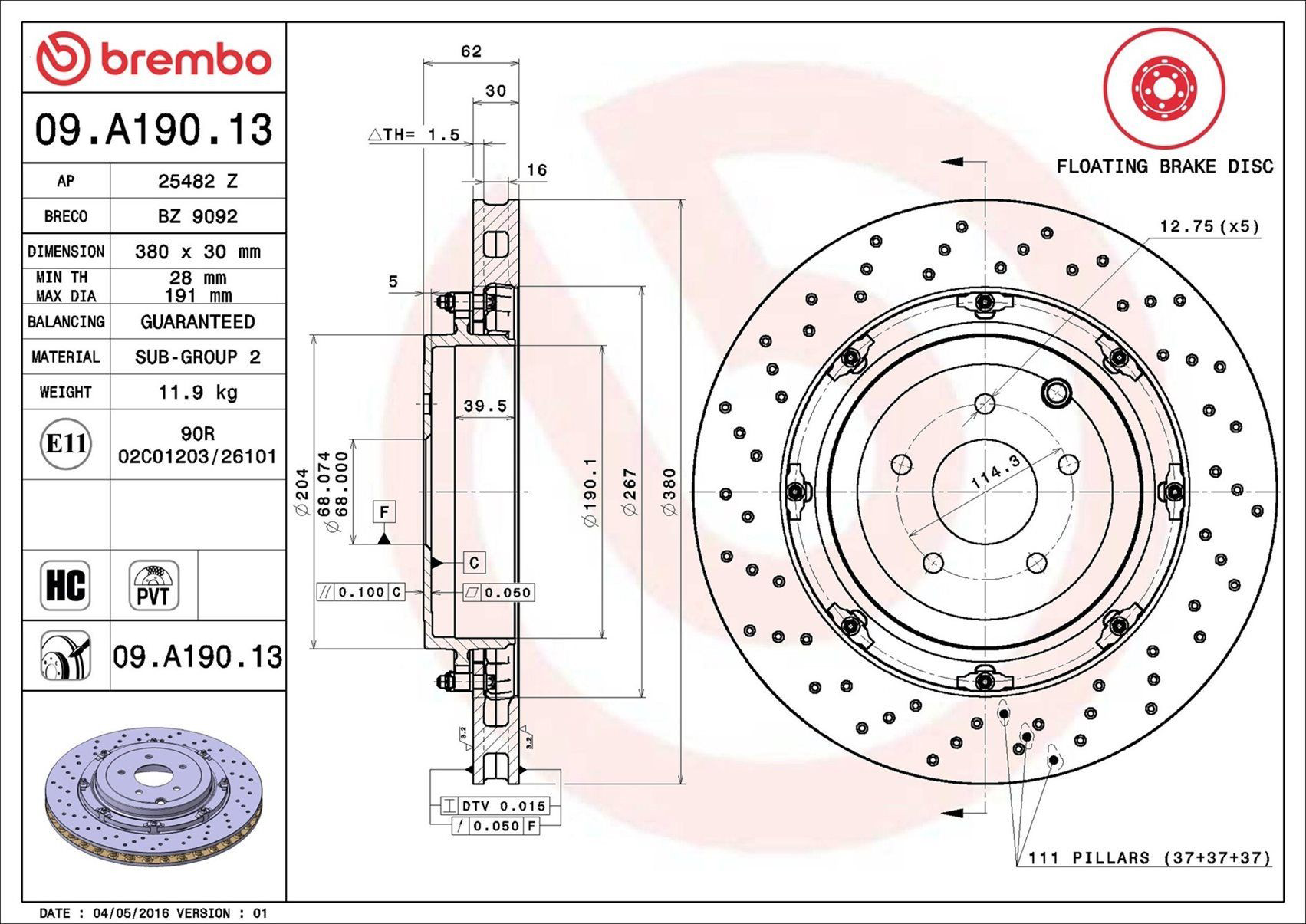 Задний тормозной диск Brembo 09A19013 цена, от 576.09 USD