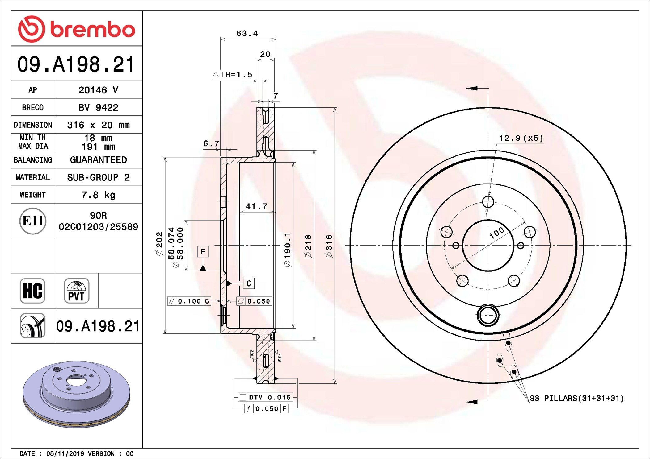 Задний тормозной диск Brembo 09A19821 цена, от 85.59 USD