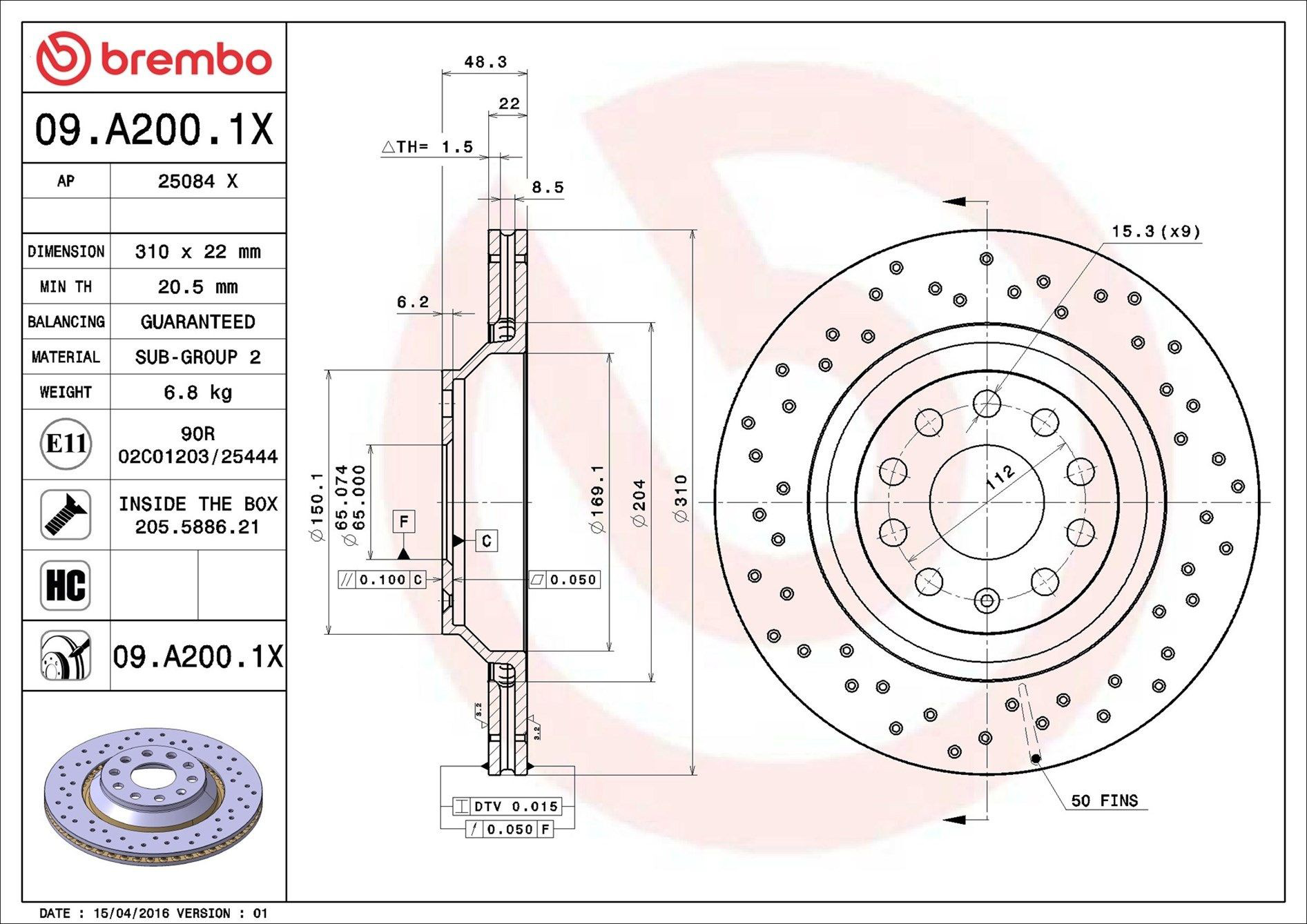 Купить 09A2001X Brembo Диск тормозной задний