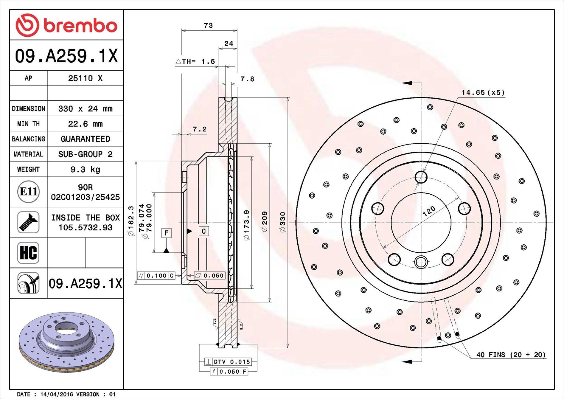 Тормоз дисковый передний Brembo 09A2591X цена, от 76.30 USD