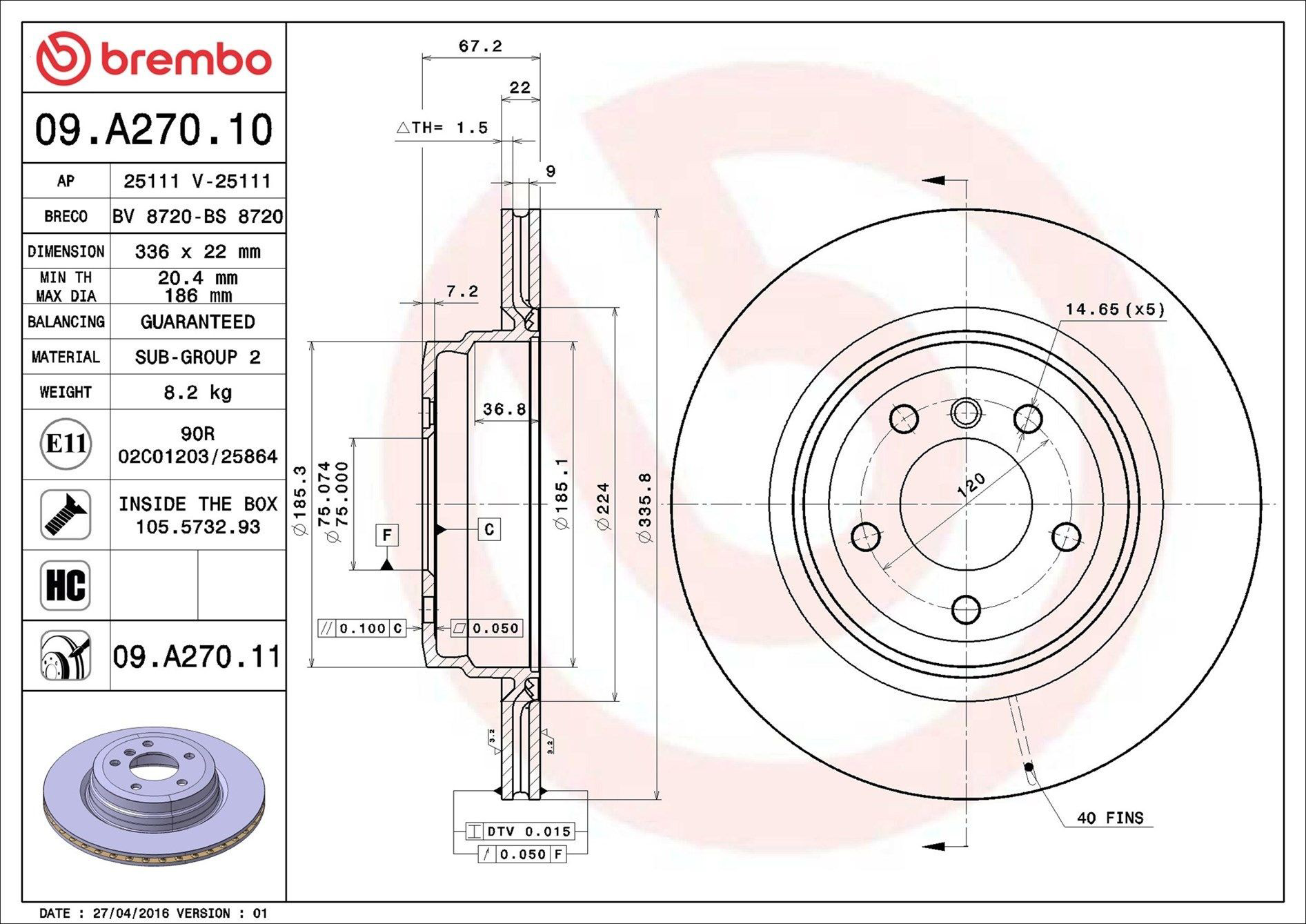 Купить 09A27011 Brembo Диск тормозной задний