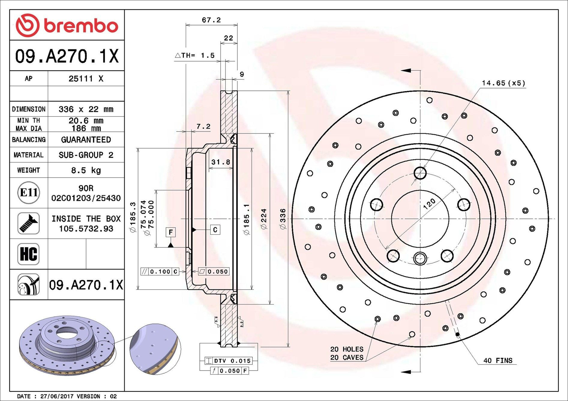 Задний тормозной диск Brembo 09A2701X цена, от 103.21 USD