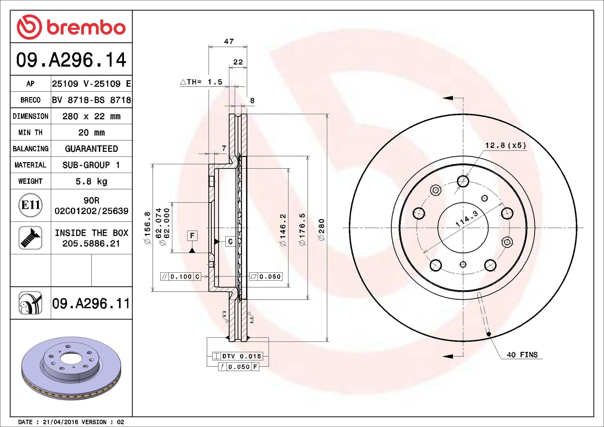 Тормоз дисковый передний Brembo 09A29611 цена, от 54.65 USD
