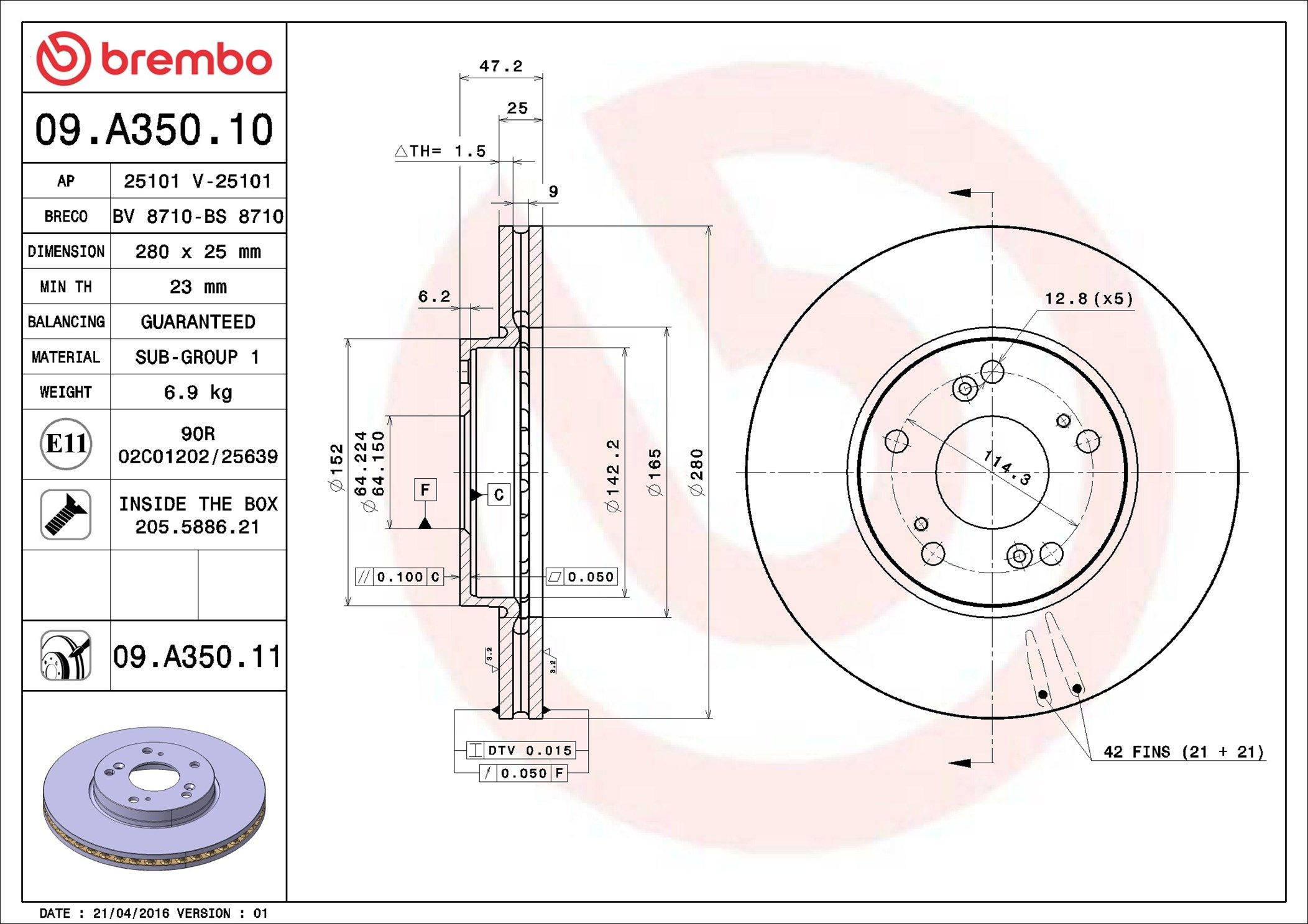 Тормоз дисковый передний Brembo 09A35011 цена, от 40.87 USD