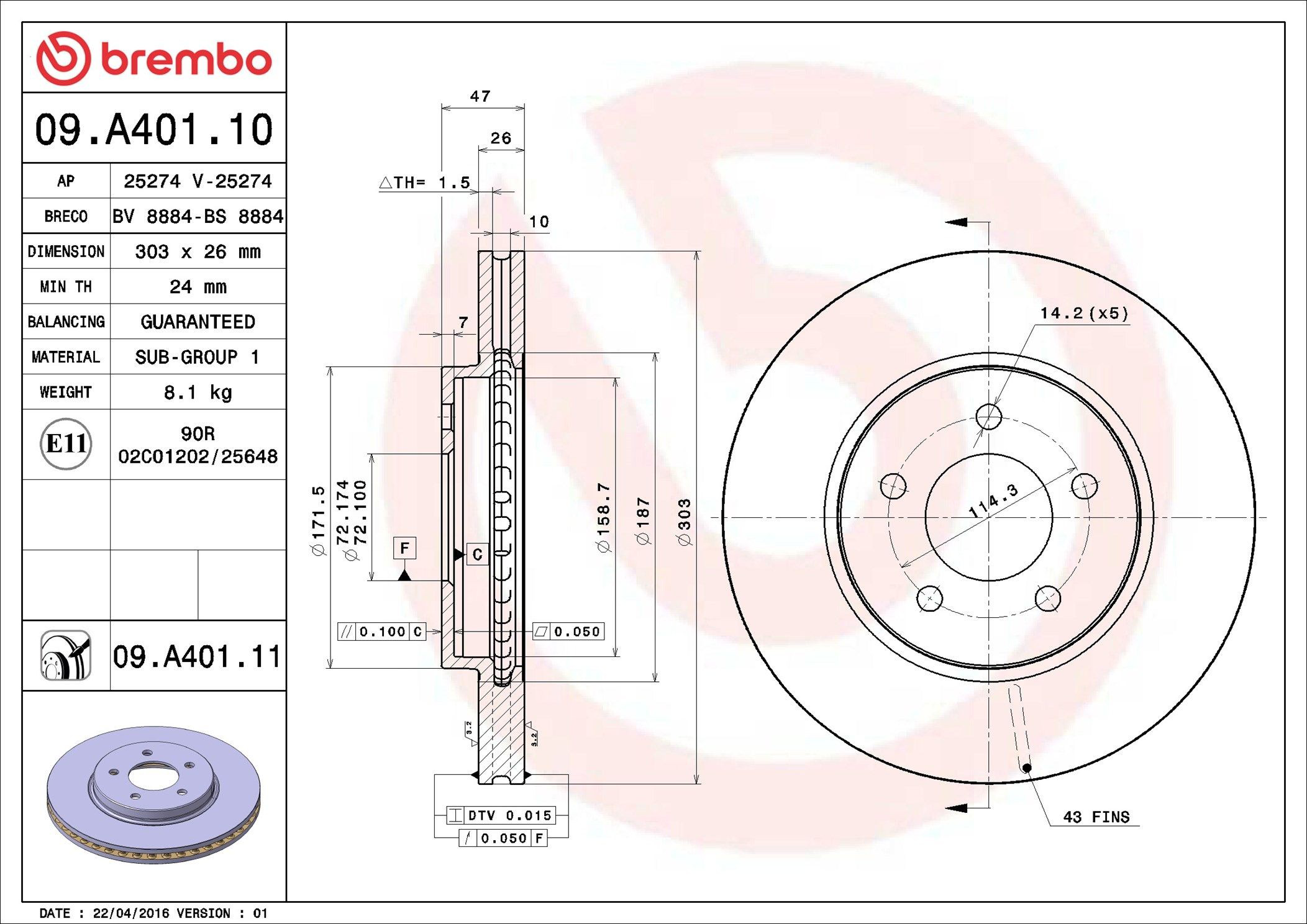 Тормоз дисковый передний Brembo 09A40111 цена, от 65.91 USD