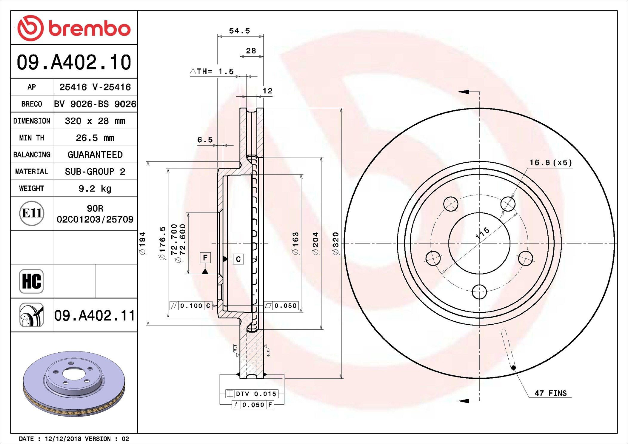 Передние тормозные диски 09A40211 Brembo