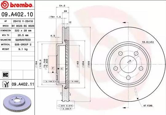 Тормоз дисковый передний Brembo 09A40211 цена, от 79.14 USD