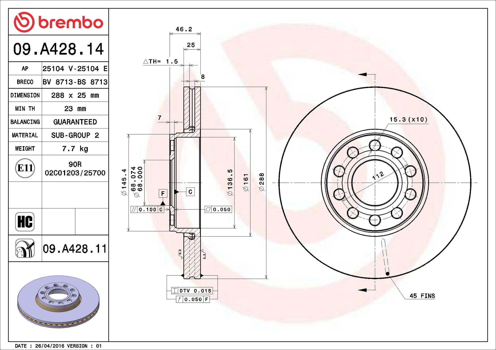 Тормоз дисковый передний Brembo 09A42811 цена, от 54.45 USD