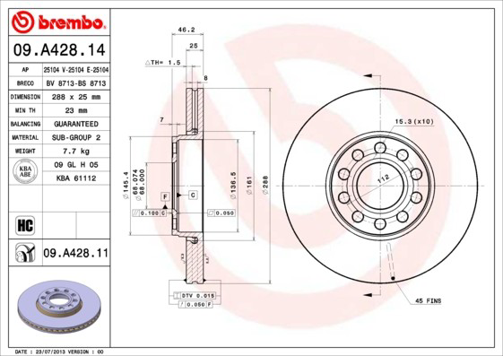 Передние тормозные диски 09A42811 Brembo