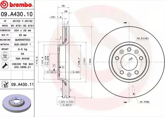 Передние тормозные диски 09A43011 Brembo
