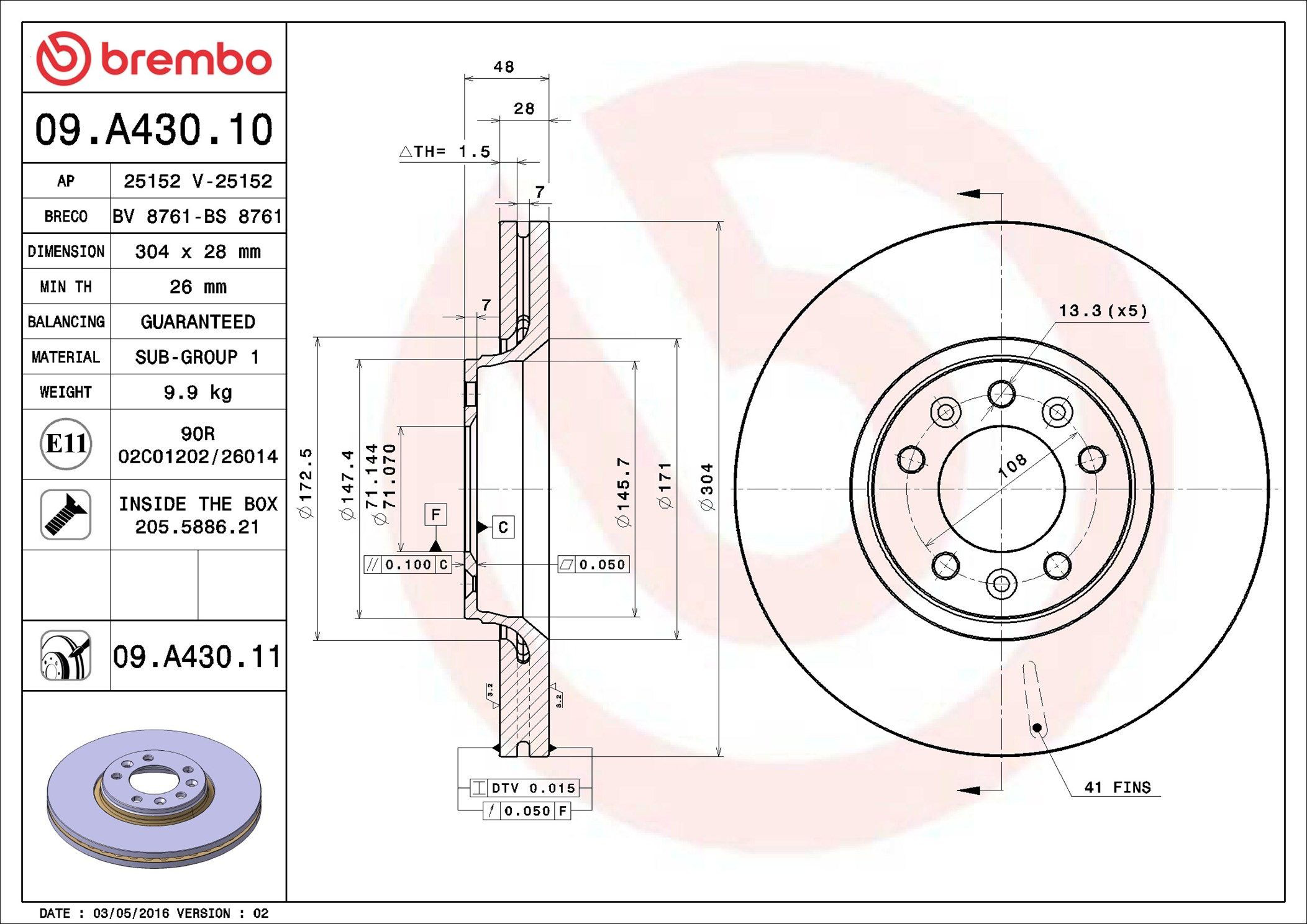 Передний тормозной диск Brembo 09A43011