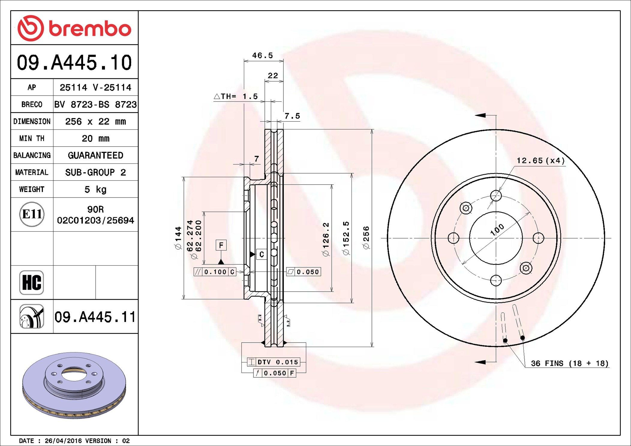Тормоз дисковый передний Brembo 09A44511 цена, от 46.65 USD
