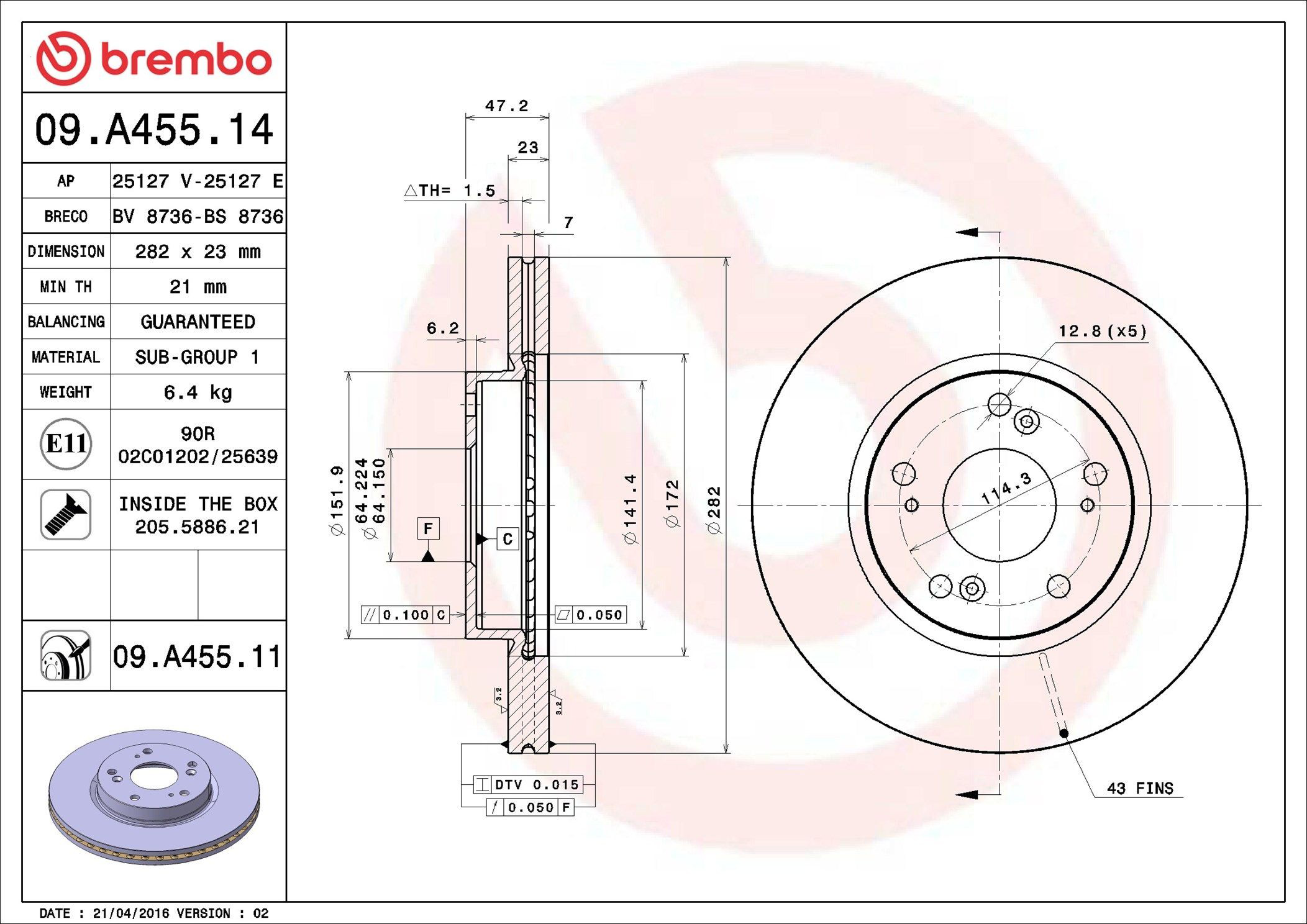 Тормоз дисковый передний Brembo 09A45511 цена, от 51.73 USD