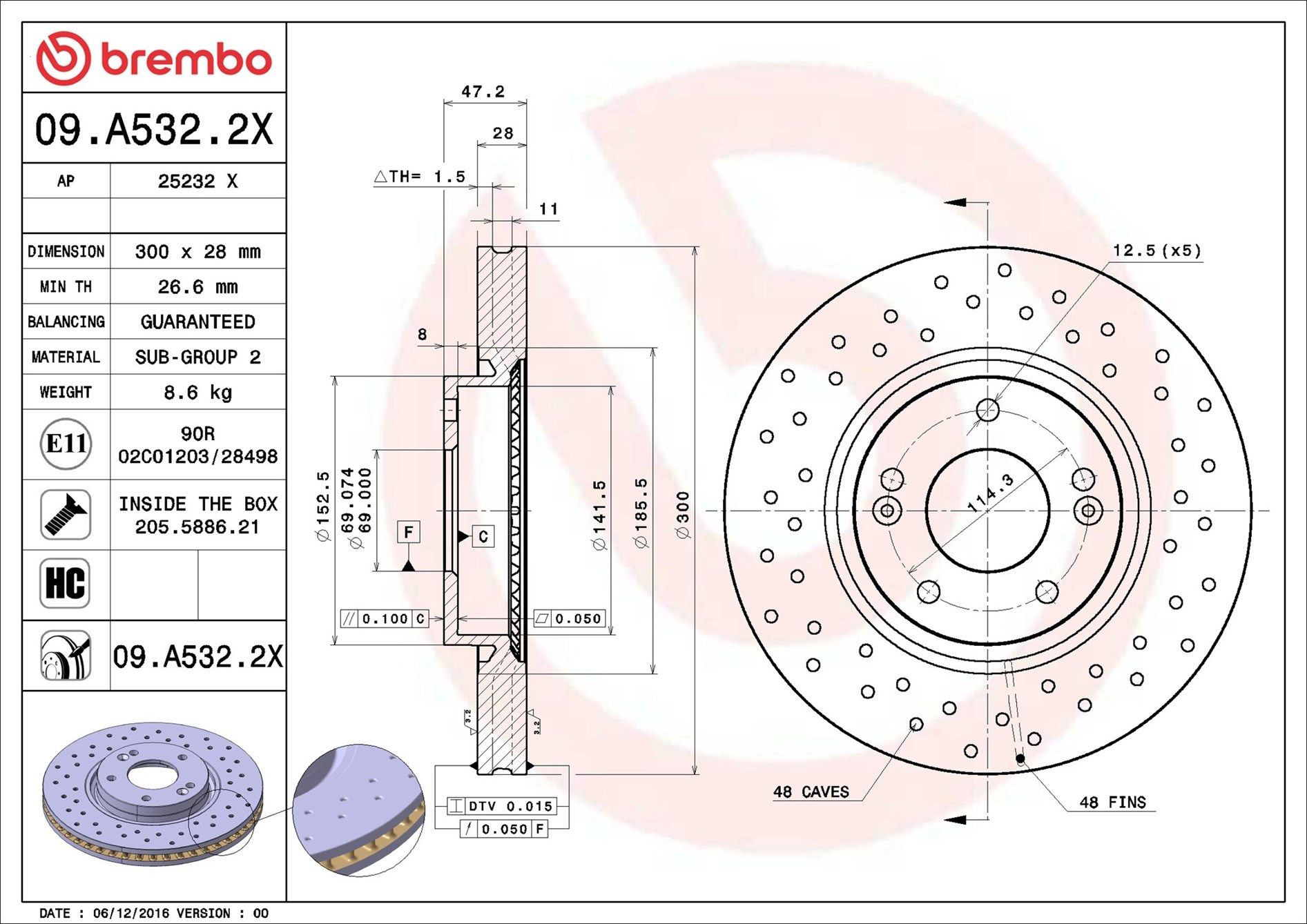 Тормоз дисковый передний Brembo 09A5322X цена, от 104.83 USD