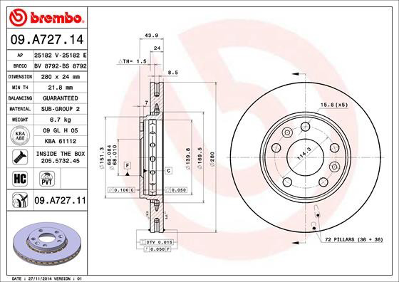 Передние тормозные диски 09A72714 Brembo