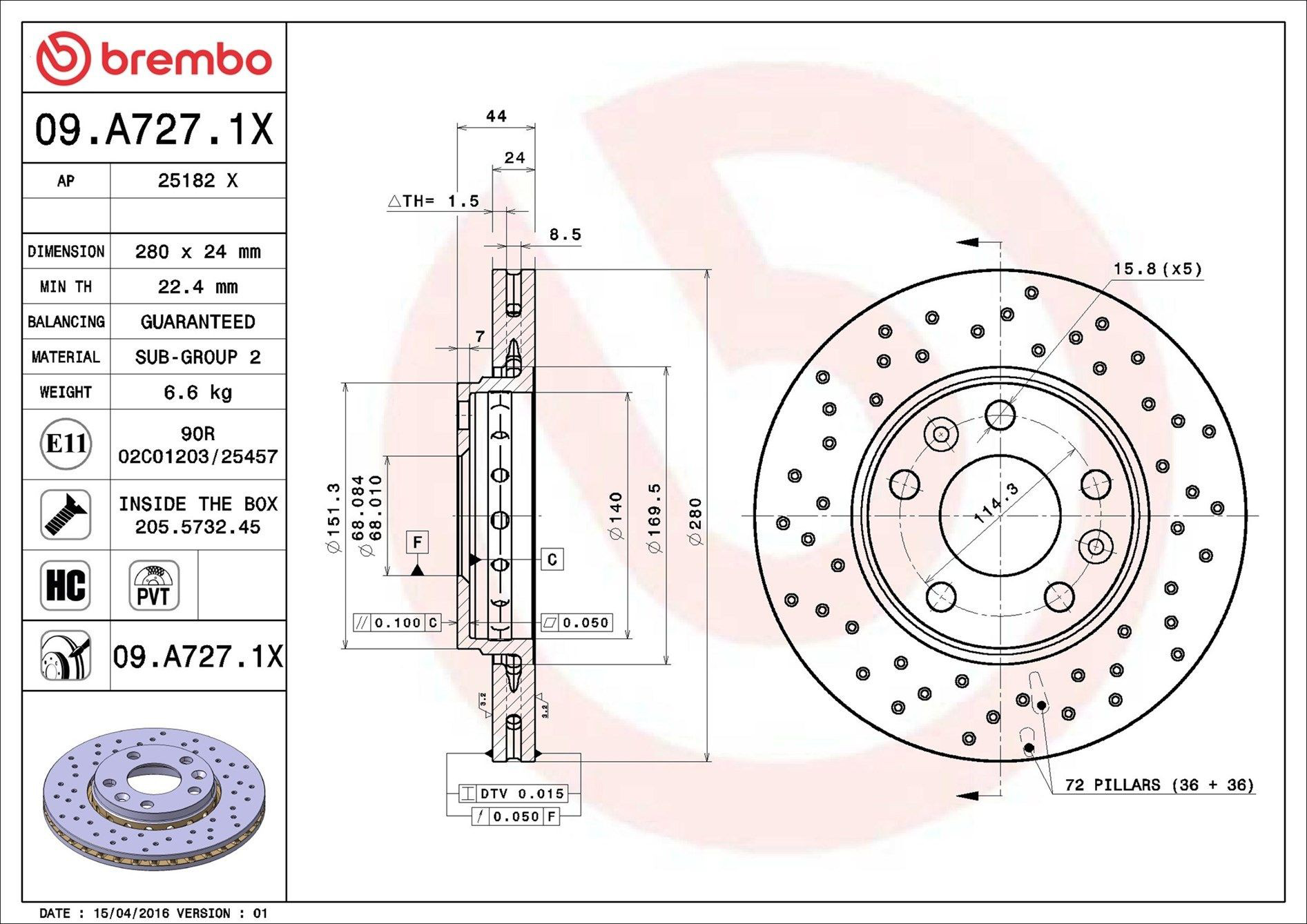Тормоз дисковый передний Brembo 09A7271X цена, от 98.48 USD