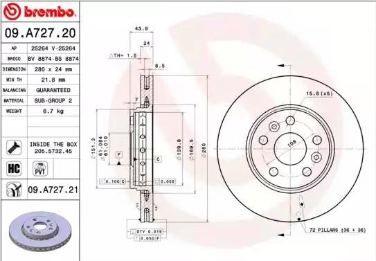 09A72721 Brembo Диск тормозной передний