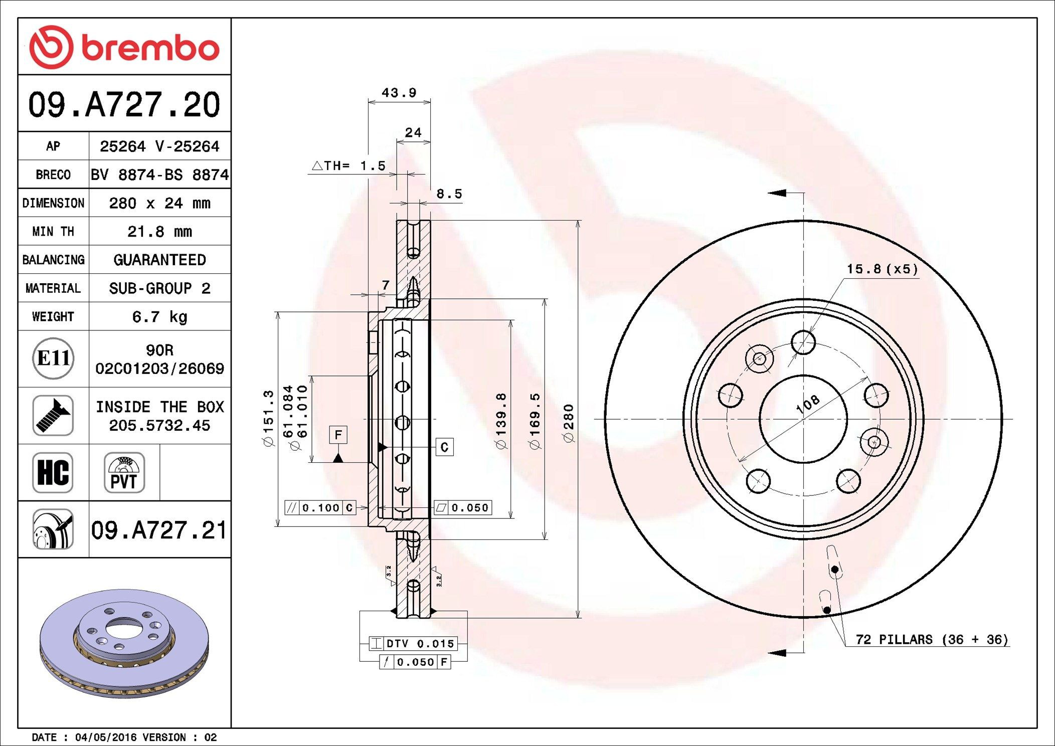 Передний тормозной диск Brembo 09A72721