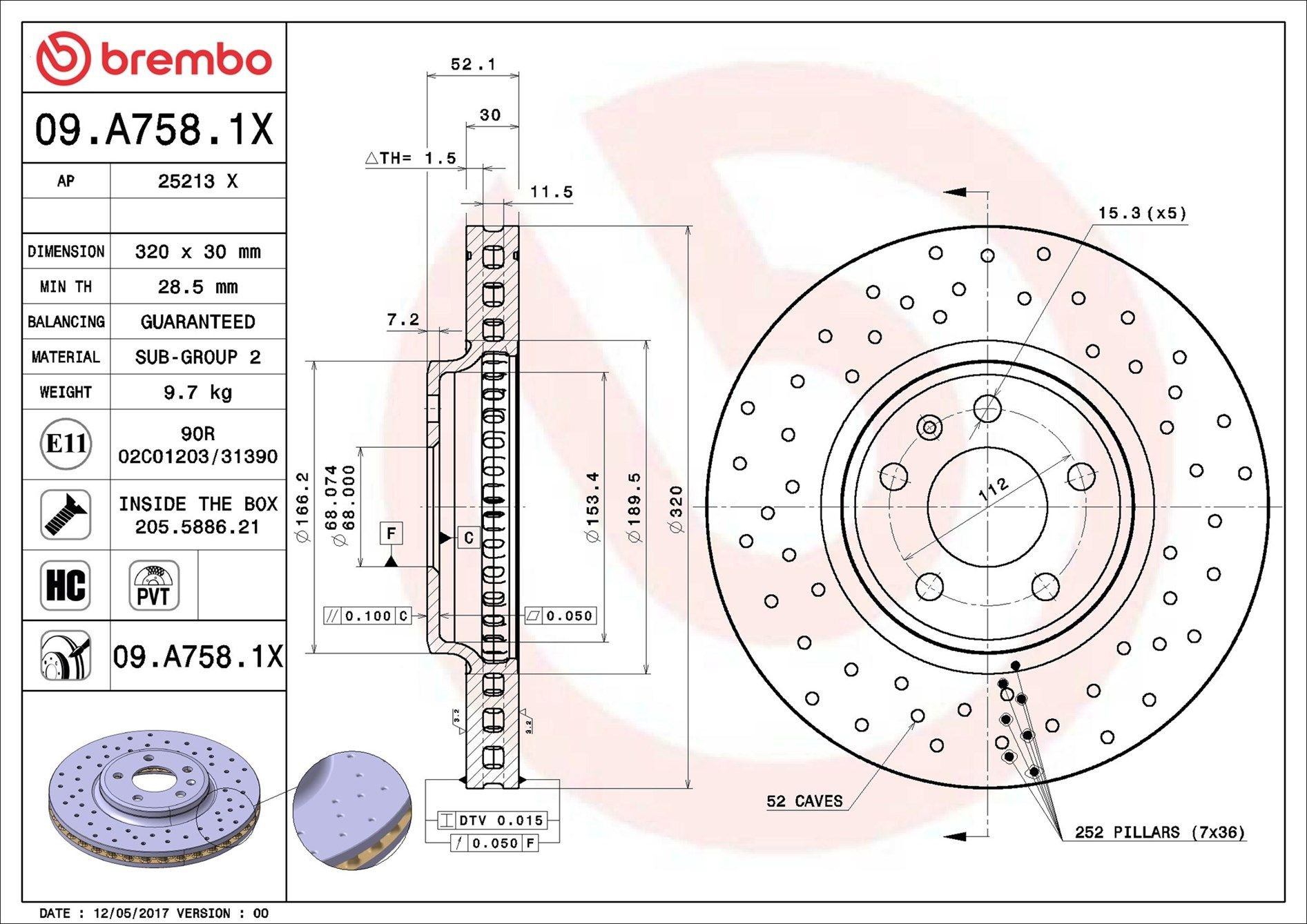 Тормоз дисковый передний Brembo 09A7581X цена, от 136.39 USD