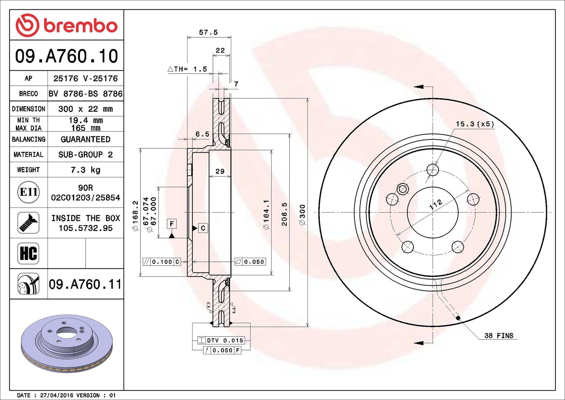 Задний тормозной диск Brembo 09A76011 цена, от 58.99 USD