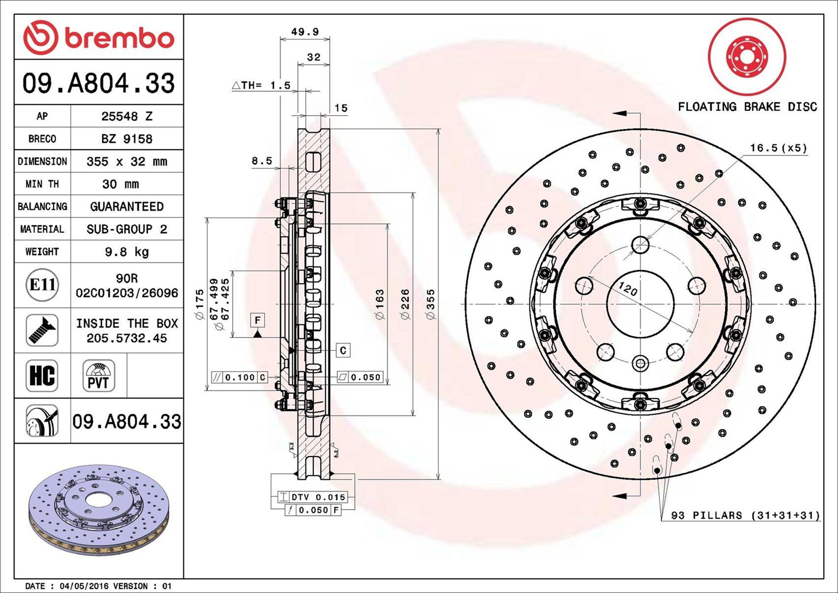 09A80433 Brembo Диск тормозной передний