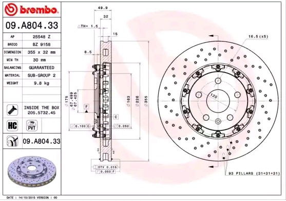Передний тормозной диск Brembo 09A80433