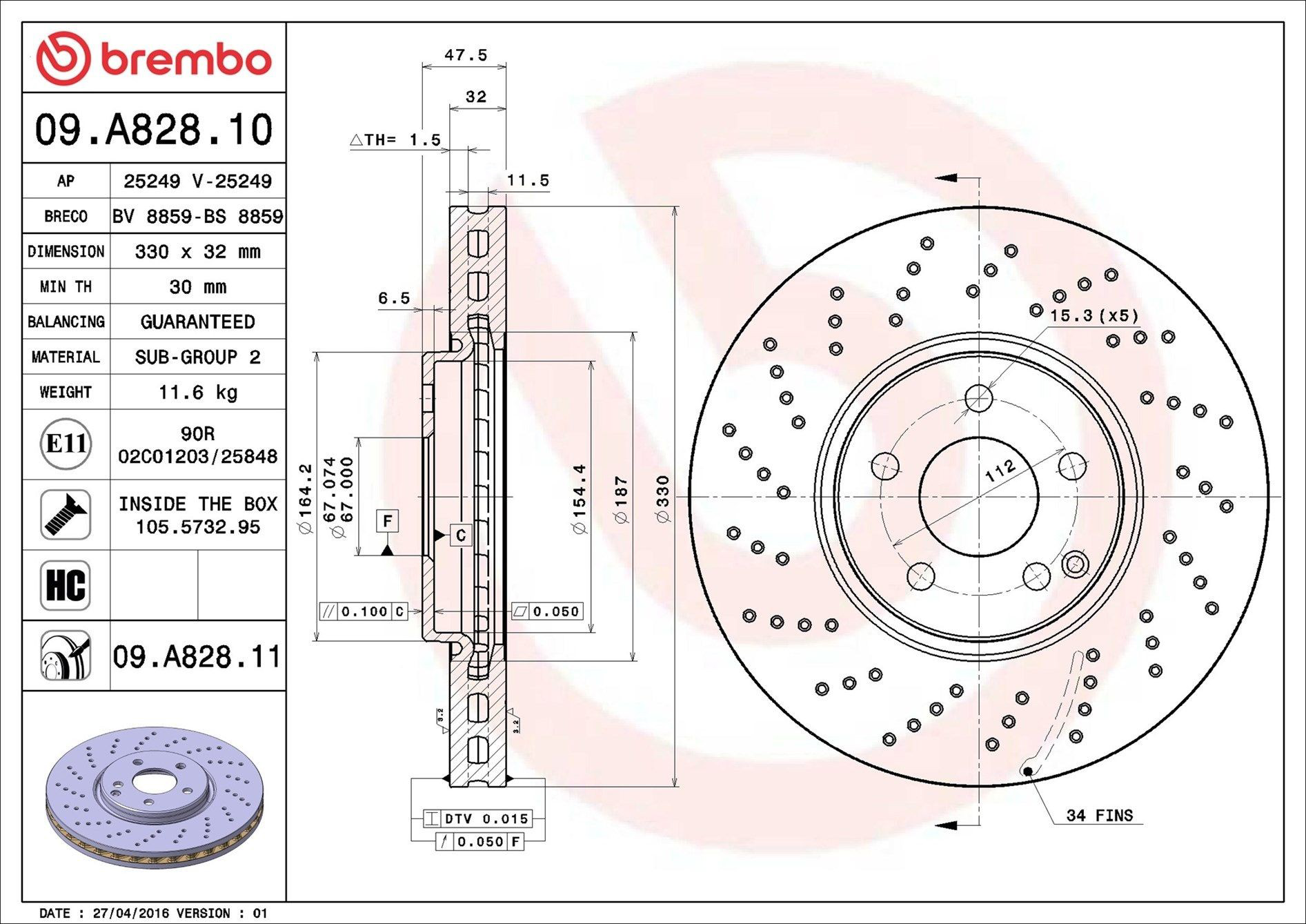Тормоз дисковый передний Brembo 09A82811 цена, от 108.61 USD