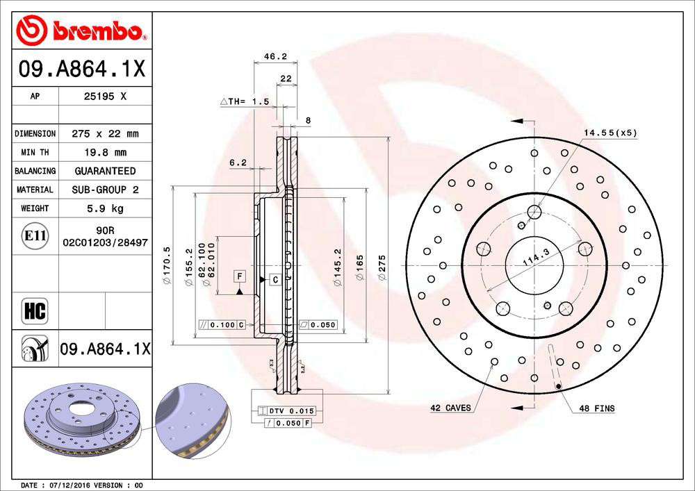 Передний тормозной диск Brembo 09A8641X