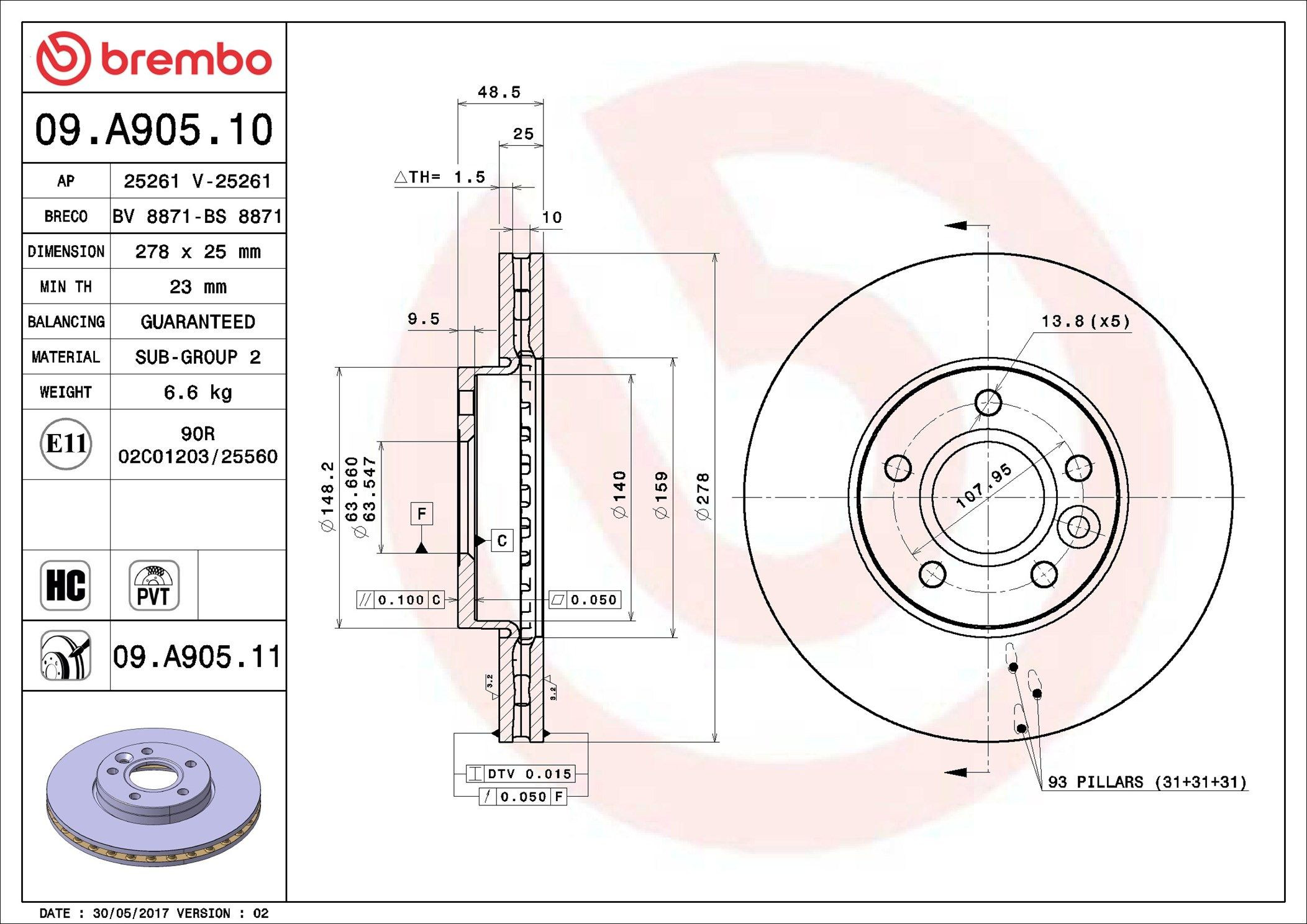 Тормоз дисковый передний Brembo 09A90511 цена, от 36.10 USD