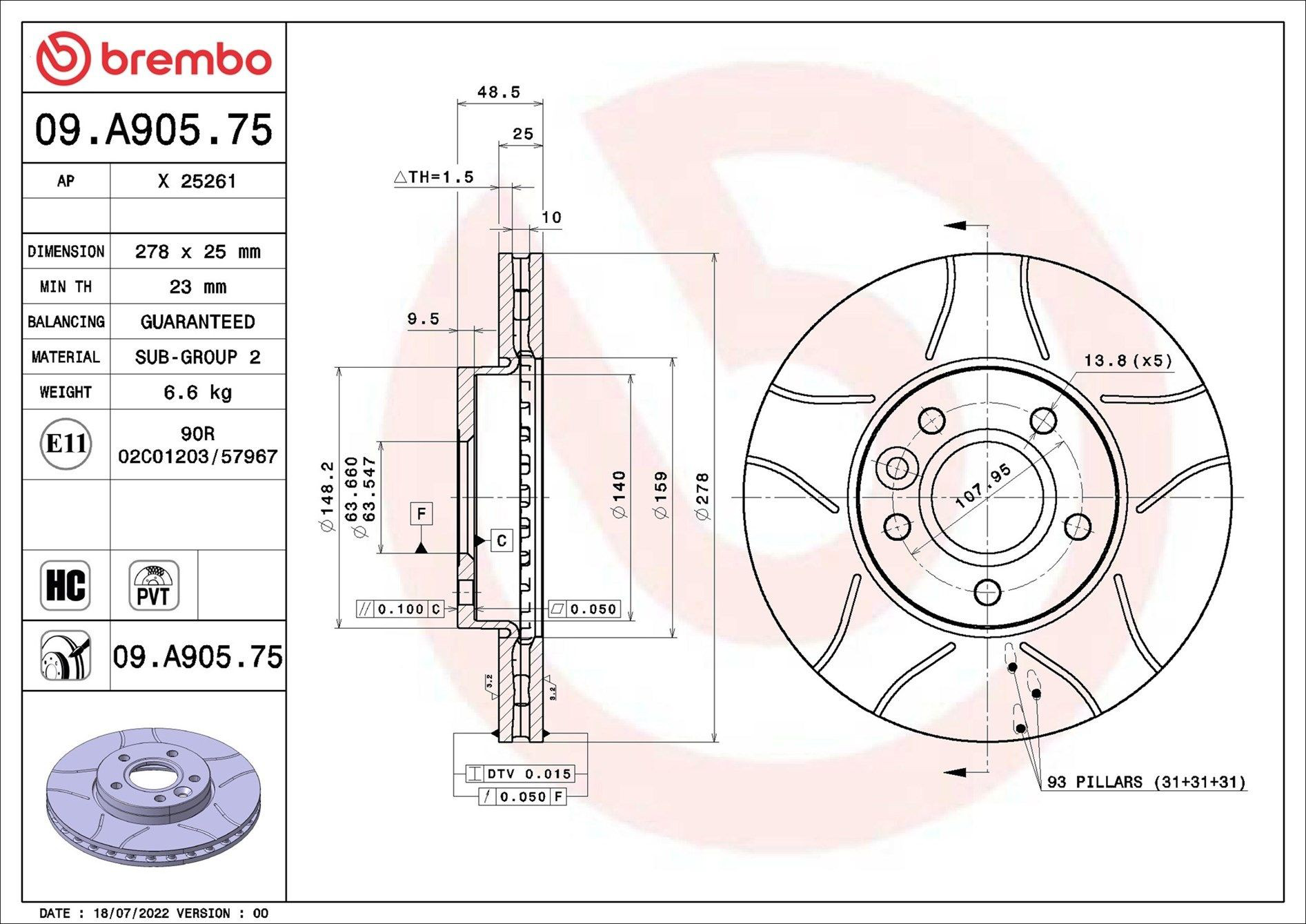 09A90575 Brembo Диск тормозной передний