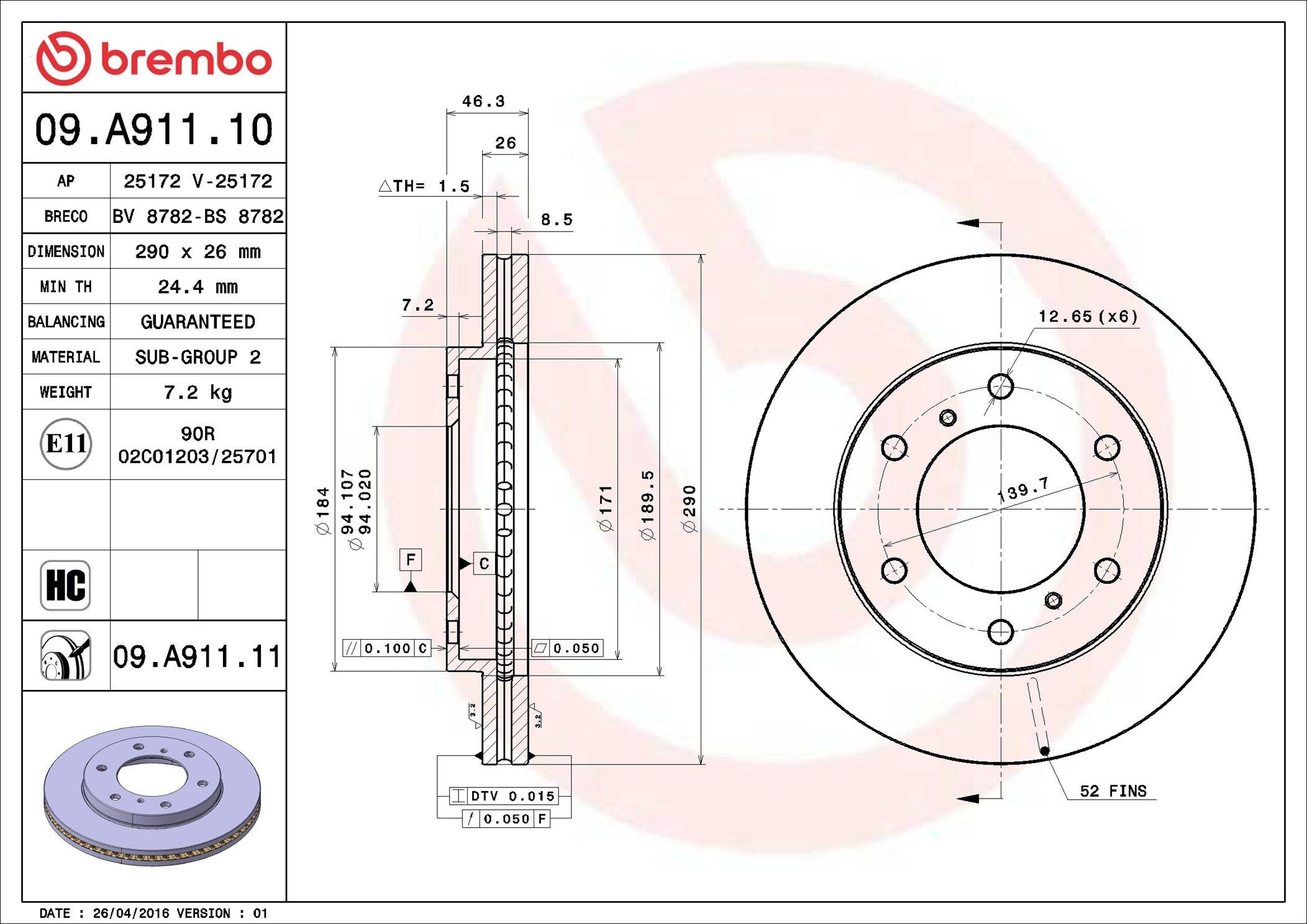 Тормоз дисковый передний Brembo 09A91110 цена, от 39.77 USD