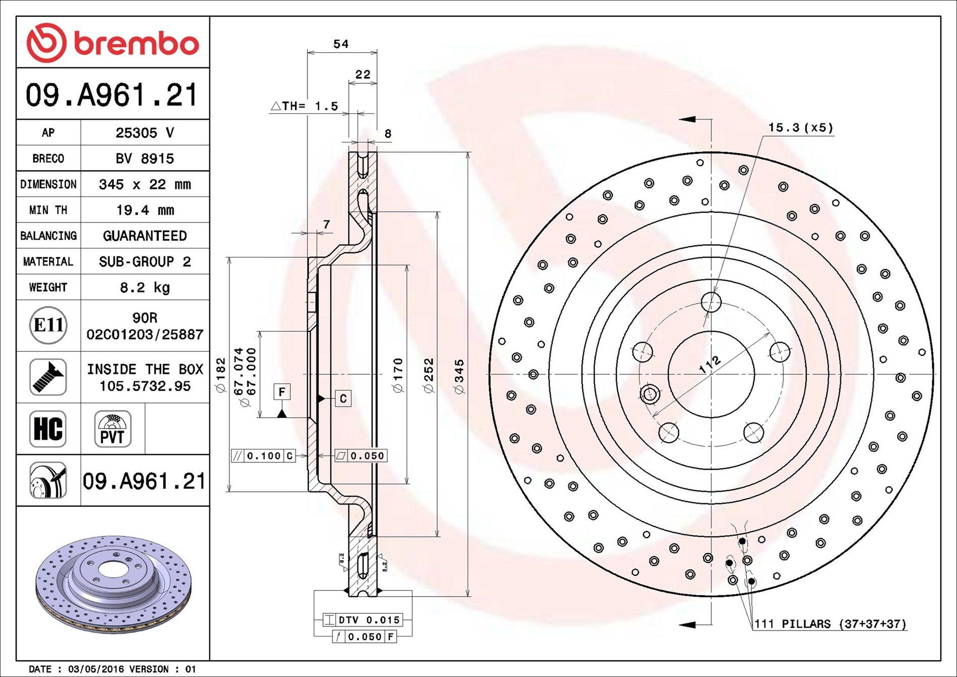 Задний тормозной диск Brembo 09A96121 цена, от 97.22 USD