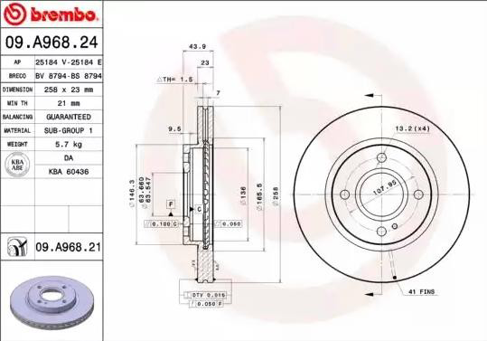 Тормоз дисковый передний Brembo 09A96821 цена, от 46.88 USD