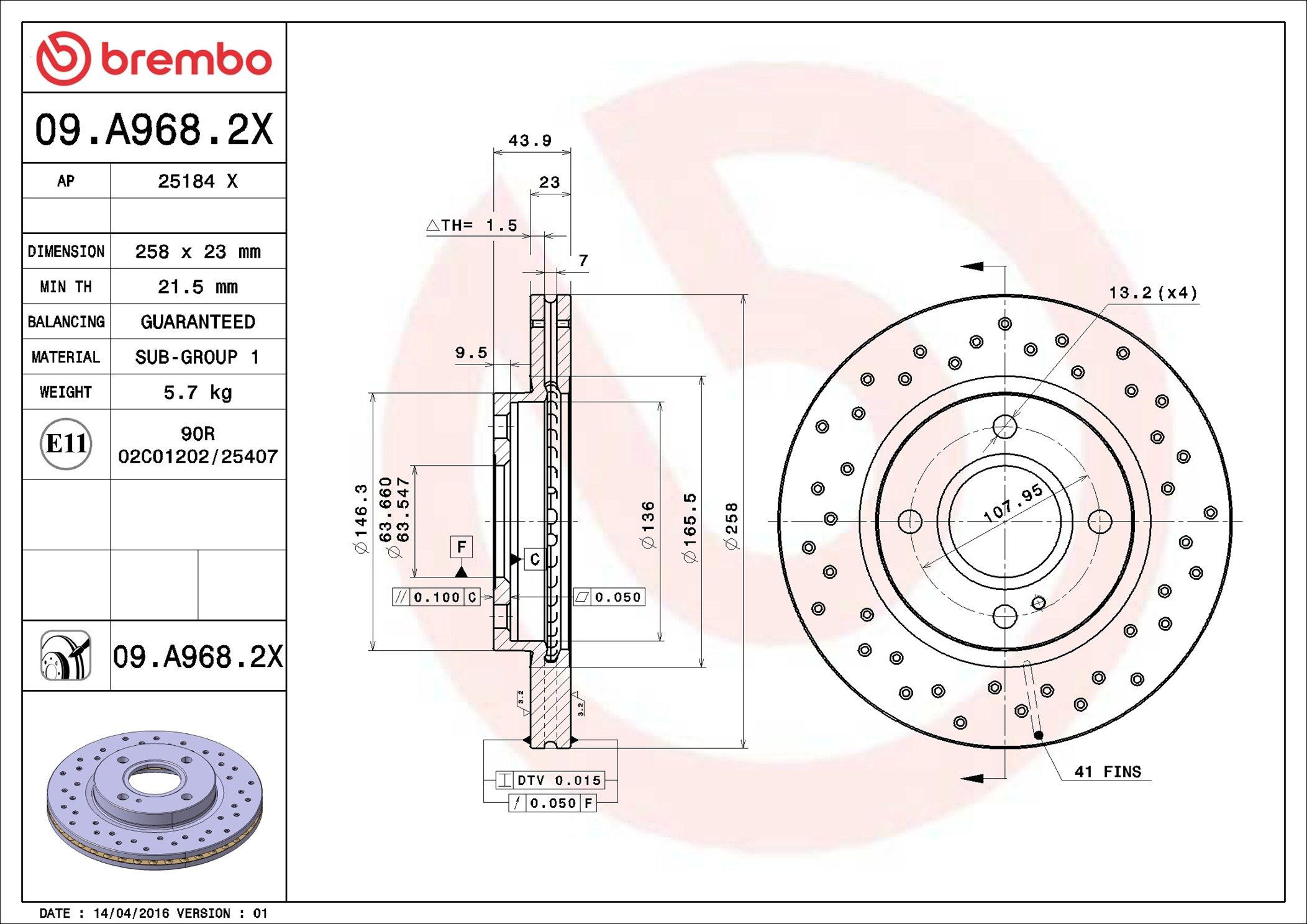 Тормоз дисковый передний Brembo 09A9682X цена, от 46.88 USD
