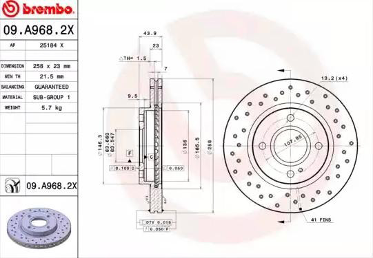 Тормоз дисковый передний Brembo 09A9682X цена, от 46.88 USD