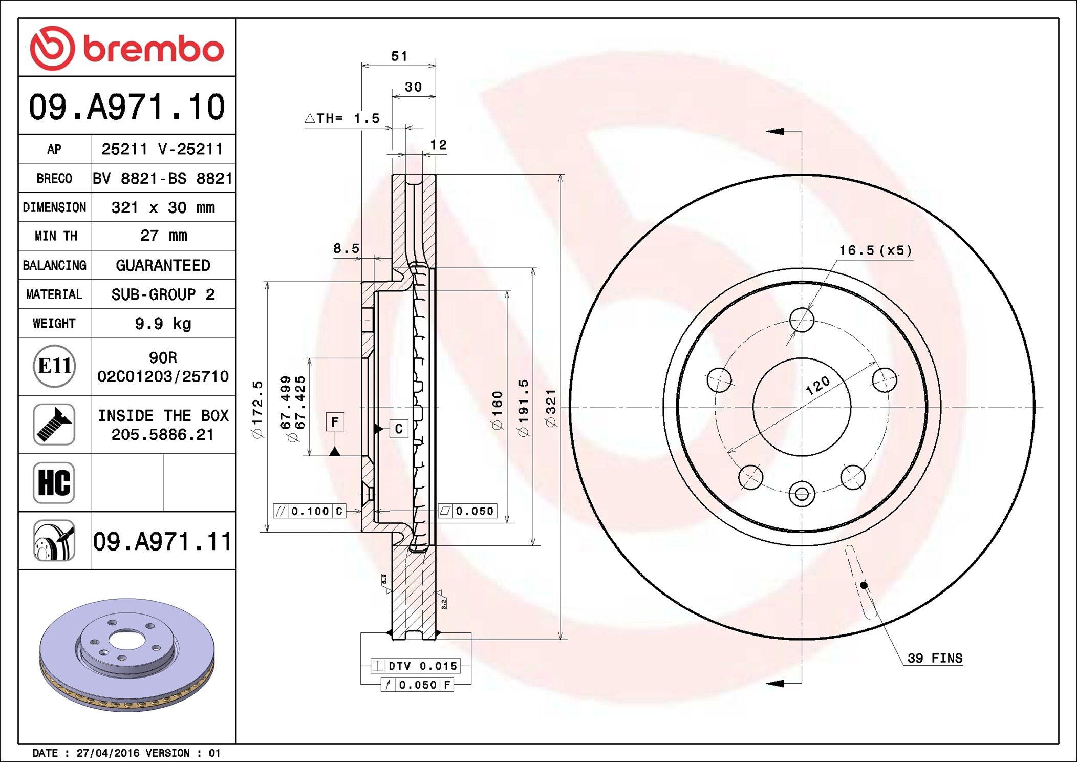 Купить 09A97111 Brembo Ротор тормозной