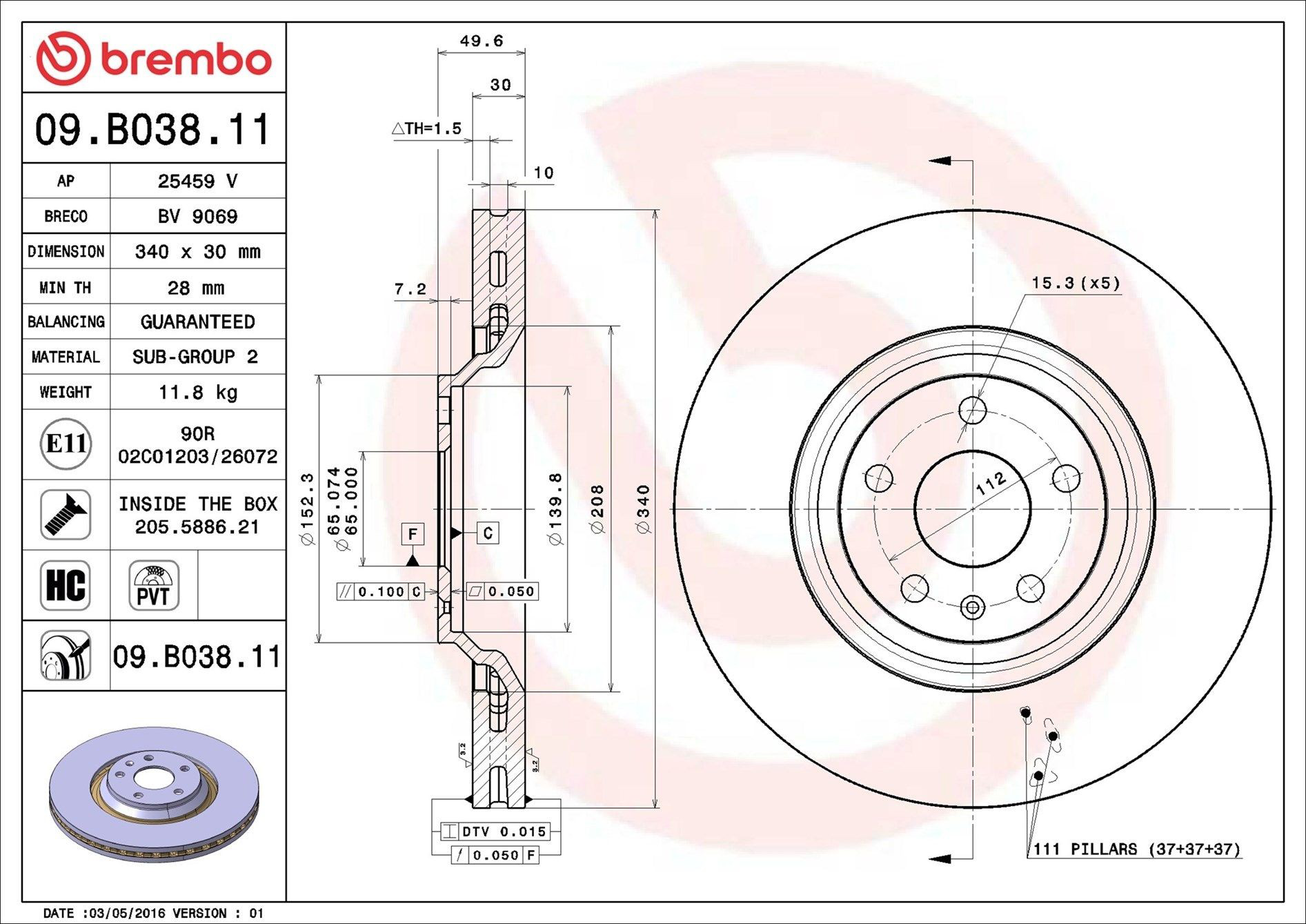 Тормоз дисковый передний Brembo 09B03811 цена, от 97.61 USD