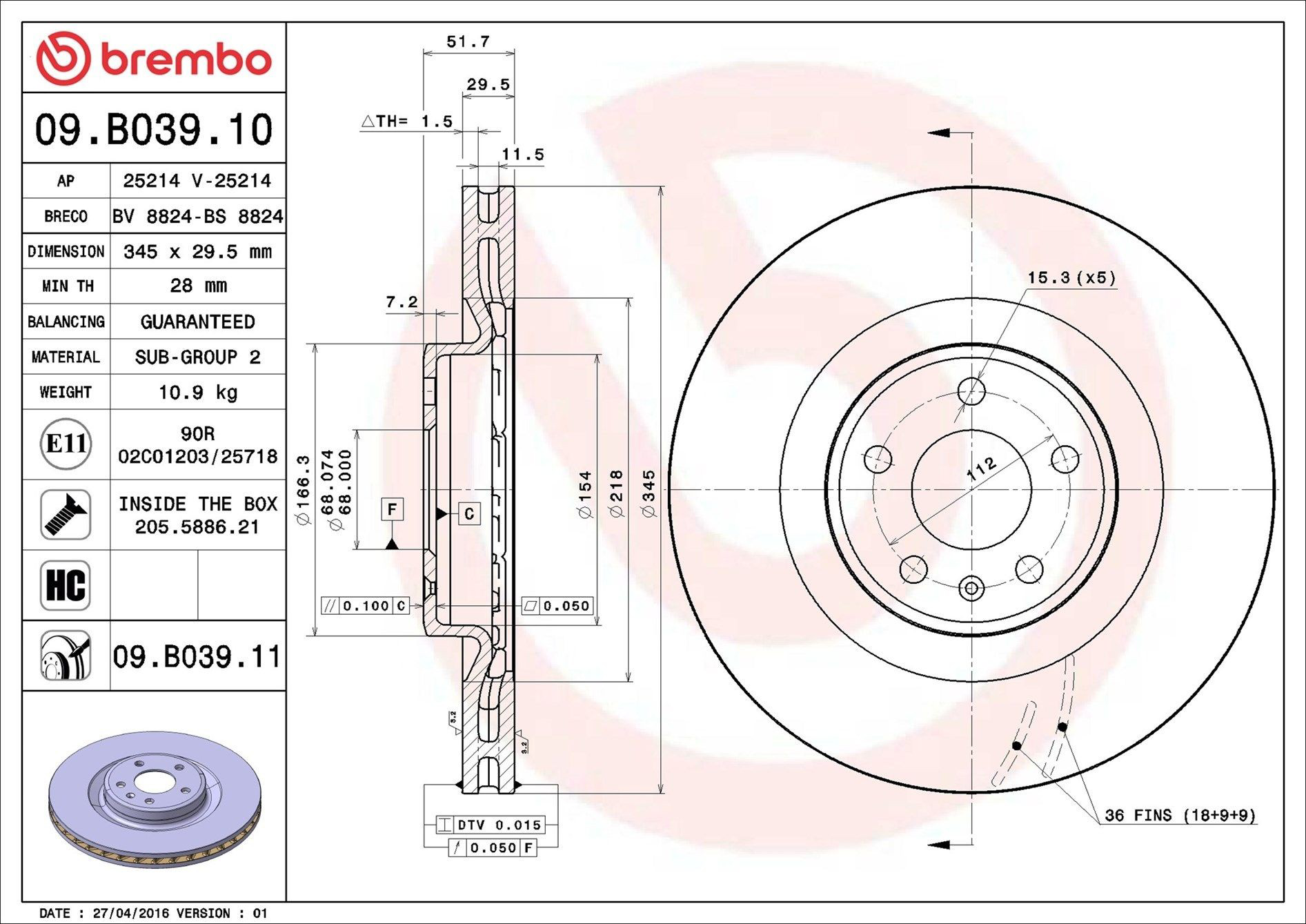 Тормоз дисковый передний Brembo 09B03911 цена, от 96.17 USD