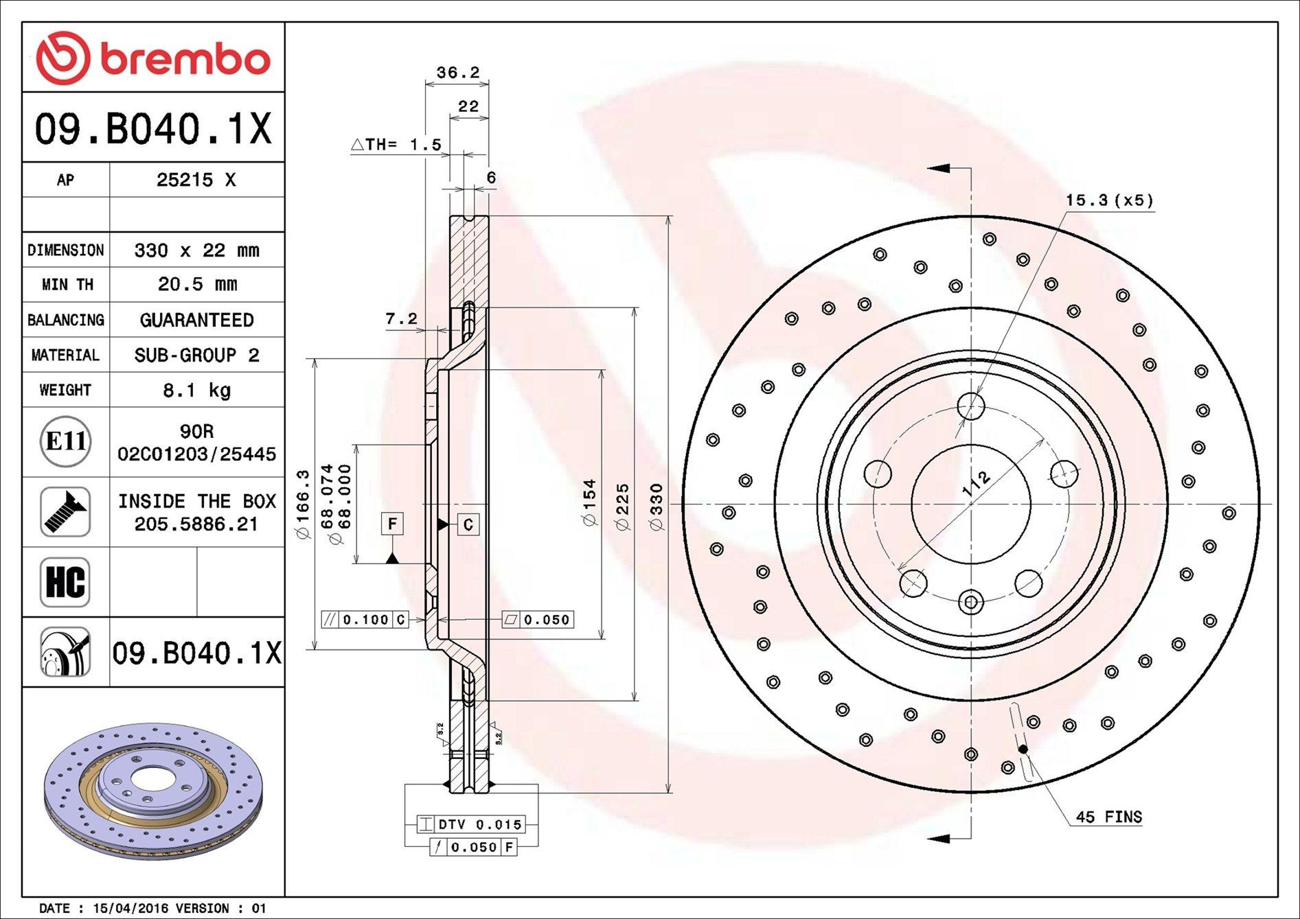 Задний тормозной диск Brembo 09B0401X цена, от 65.40 USD